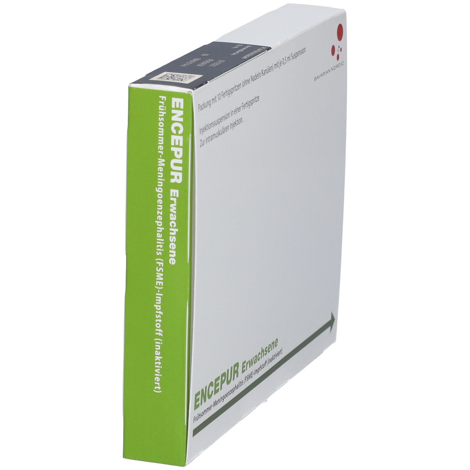 Seitenansicht der Verpackung mit 10 Encepur® Erwachsene Fertigspritzen, FSME-Impfstoff.