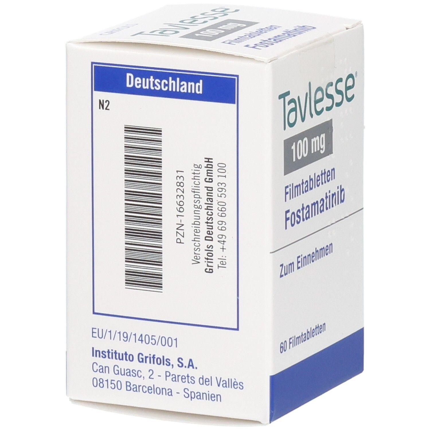 Tavlesse 100 mg Filmtabletten Fostamatinib Packung mit 60 Filmtabletten. Rückseite mit Barcode und Herstellerinformationen.