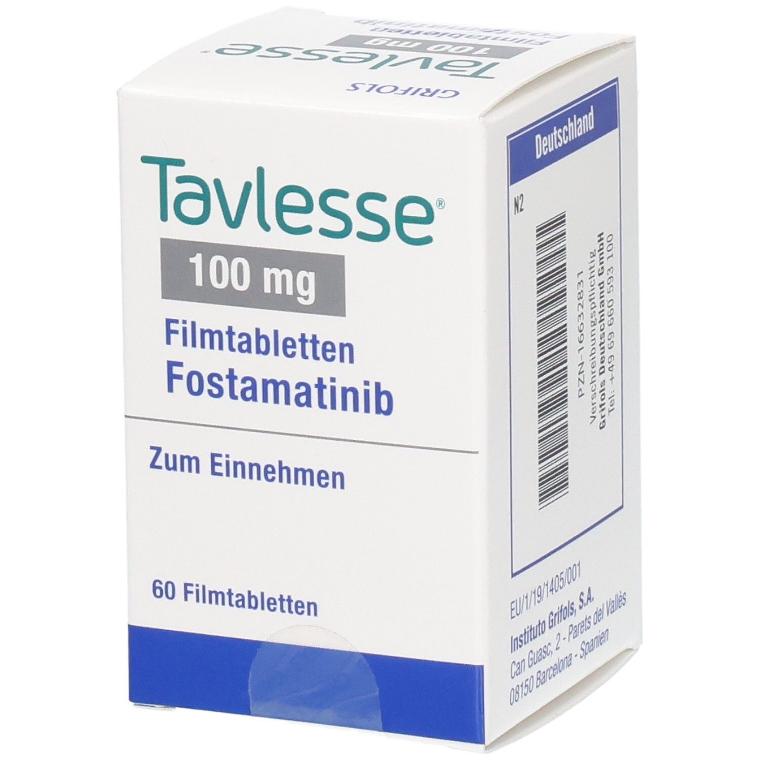 Tavlesse 100 mg Filmtabletten Fostamatinib Packung mit 60 Filmtabletten. Seitenansicht.