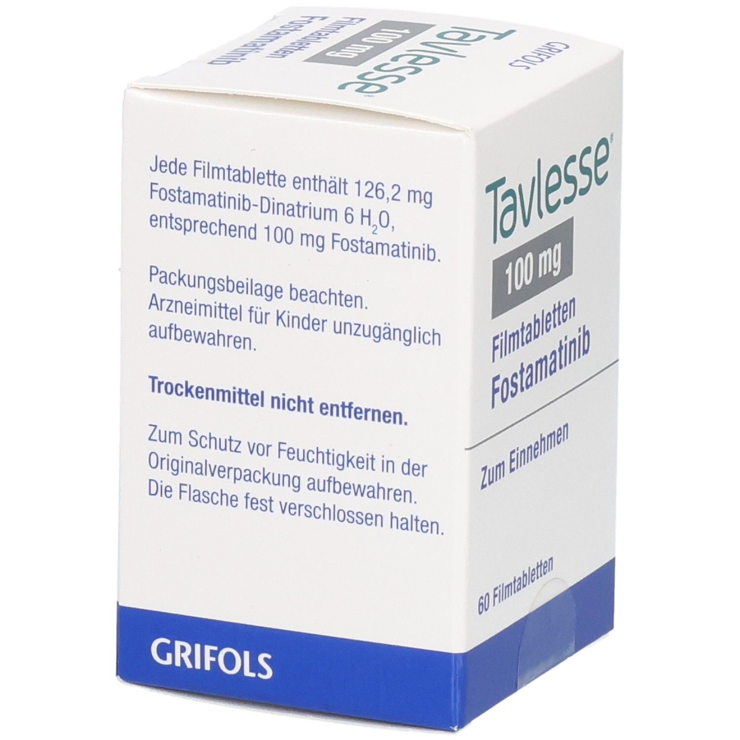 Tavlesse 100 mg Filmtabletten Fostamatinib Packung mit 60 Filmtabletten. Rückseite mit Anwendungshinweisen.