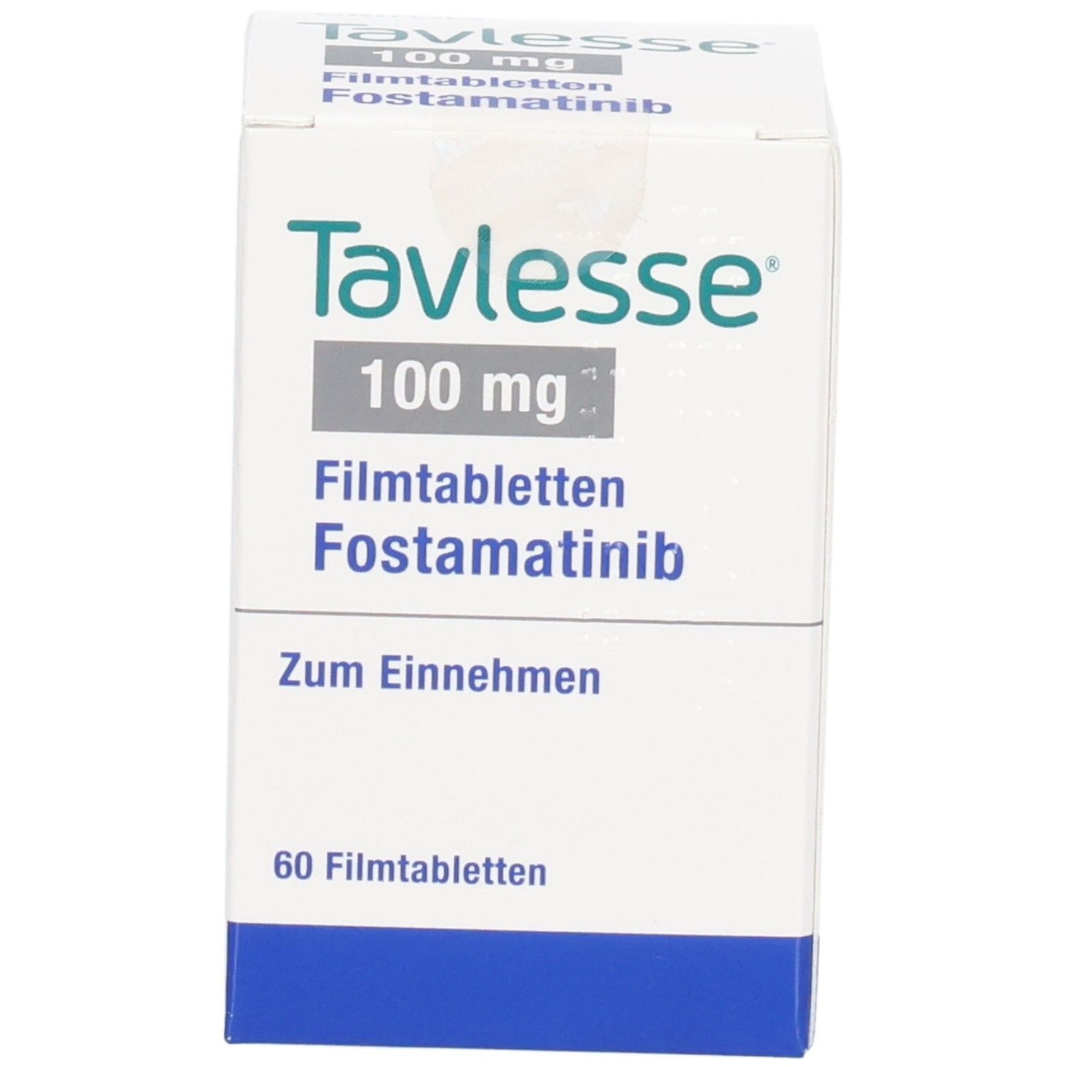 Tavlesse 100 mg Filmtabletten Fostamatinib Packung mit 60 Filmtabletten. Vorderseite.