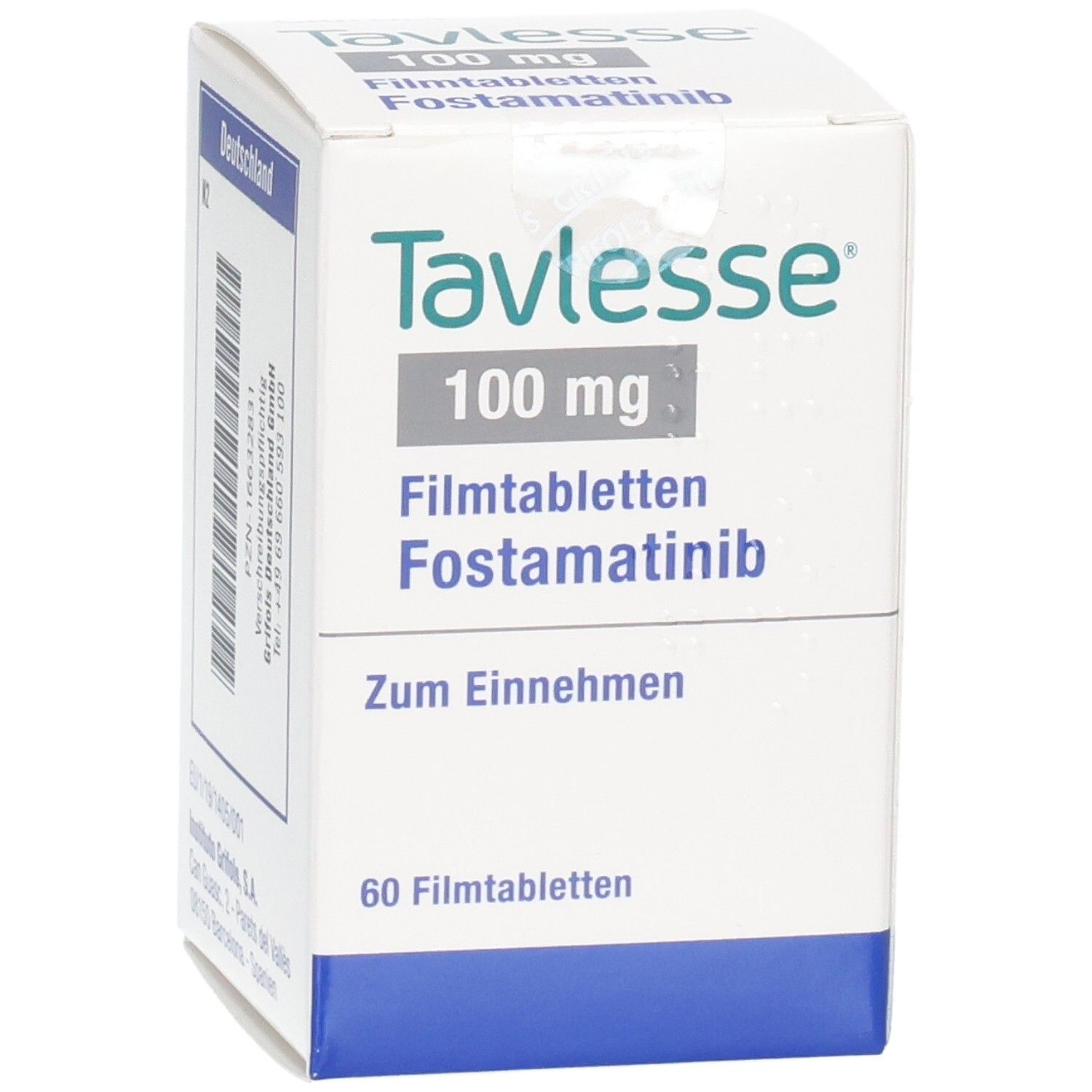 Tavlesse 100 mg Filmtabletten Fostamatinib Packung mit 60 Filmtabletten. Seitenansicht mit Barcode.