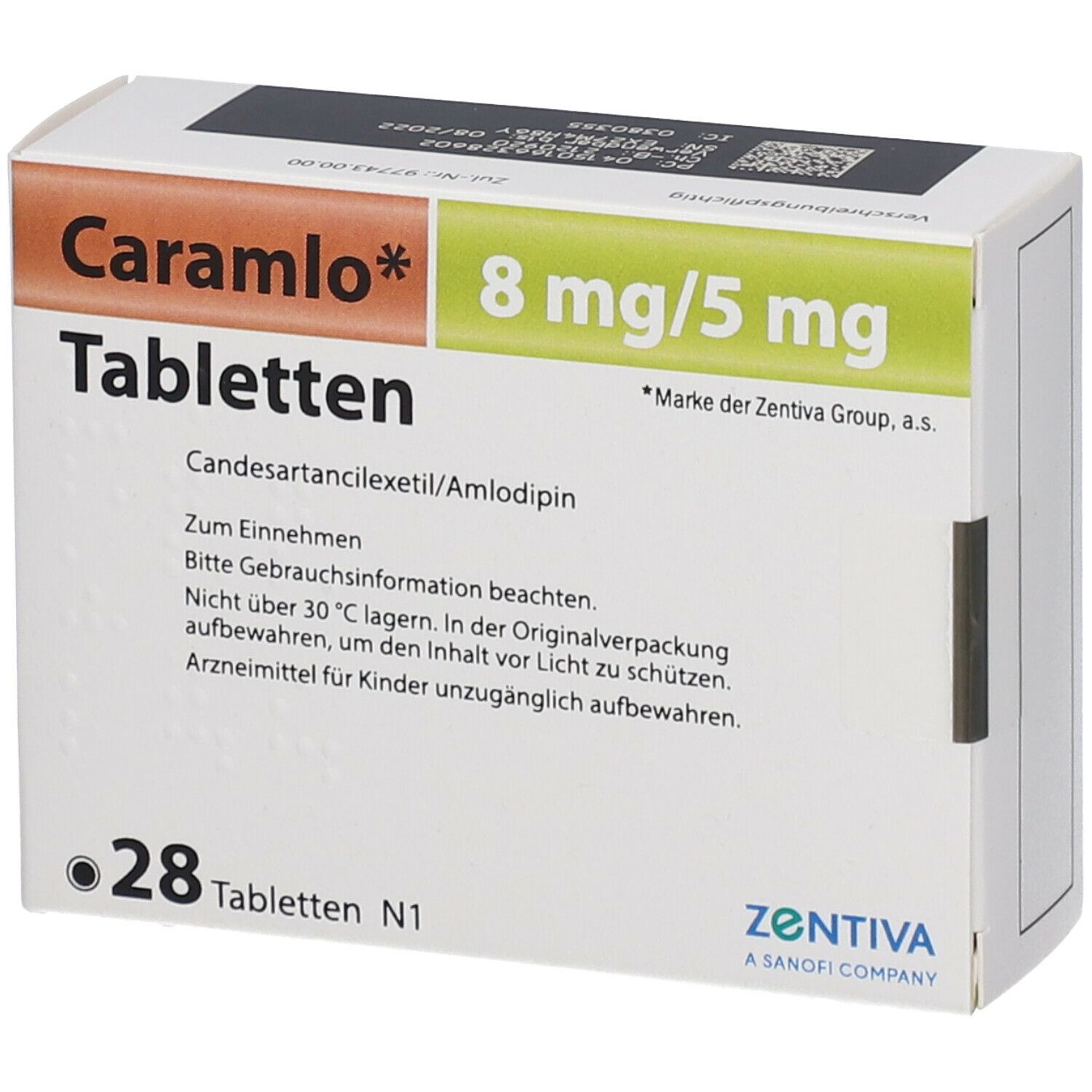 Schachtel mit Caramlo Tabletten. Aufschrift: 8 mg/5 mg, 28 Tabletten. Marke der Zentiva Group. Enthält Candesartancilexetil/Amlodipin.