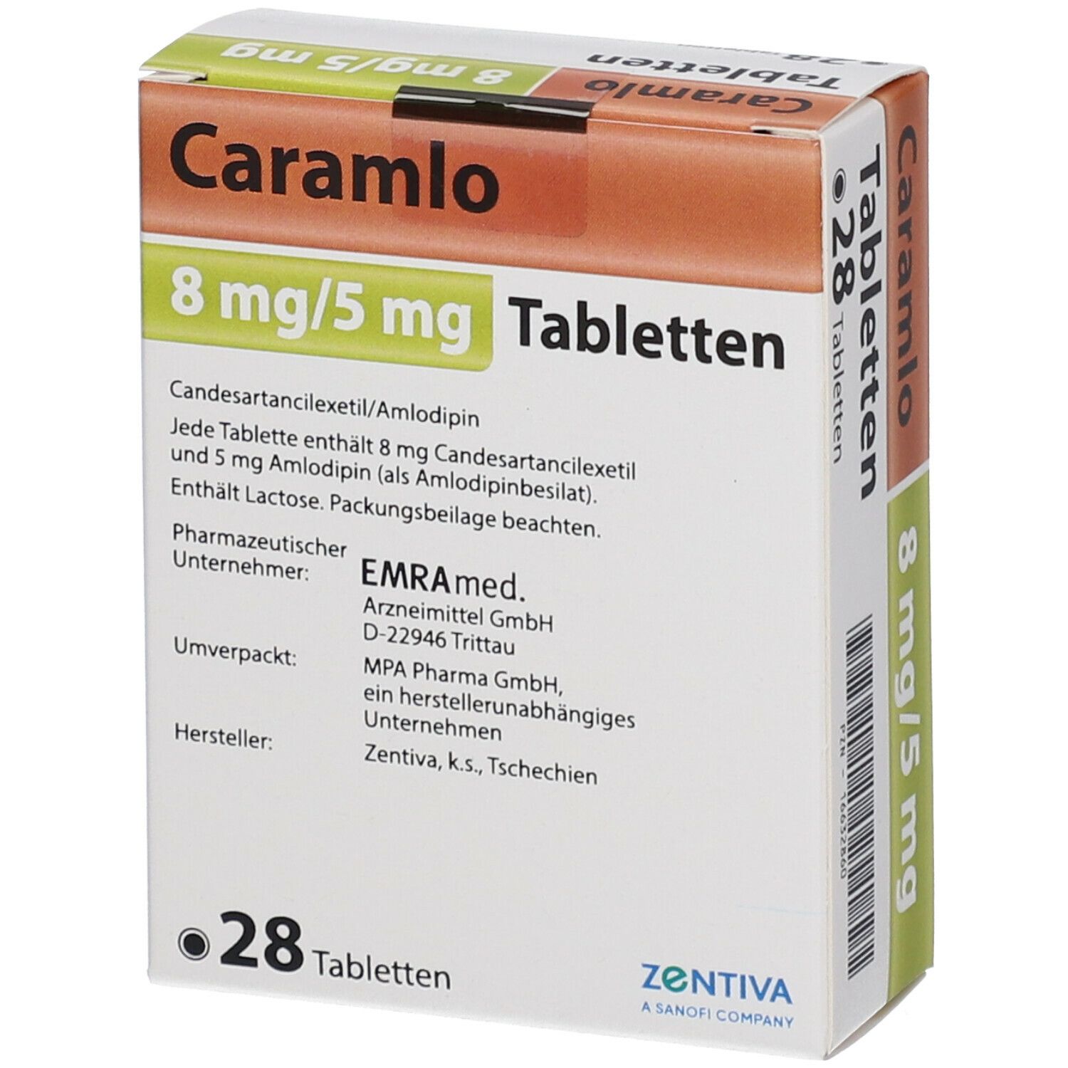 Caramlo Tabletten-Schachtel, 8 mg/5 mg, 28 Tabletten. Enthält Candesartancilexetil/Amlodipin. Hersteller: Zentiva, k.s., Tschechien.