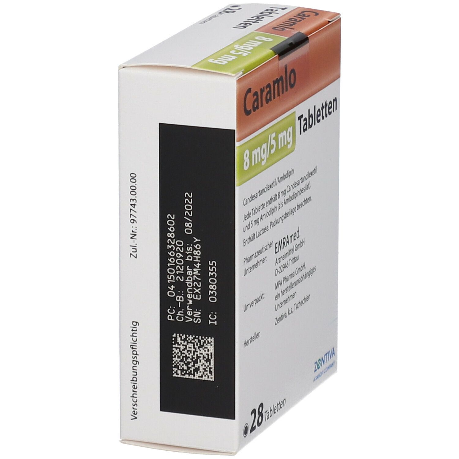 Caramlo Tabletten-Schachtel, 8 mg/5 mg, 28 Tabletten. Enthält Candesartancilexetil/Amlodipin. Hersteller: Zentiva, k.s., Tschechien.