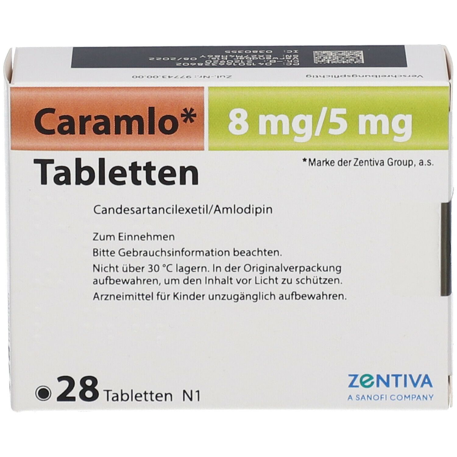 Schachtel mit Caramlo Tabletten. Aufschrift: 8 mg/5 mg, 28 Tabletten. Marke der Zentiva Group. Enthält Candesartancilexetil/Amlodipin.