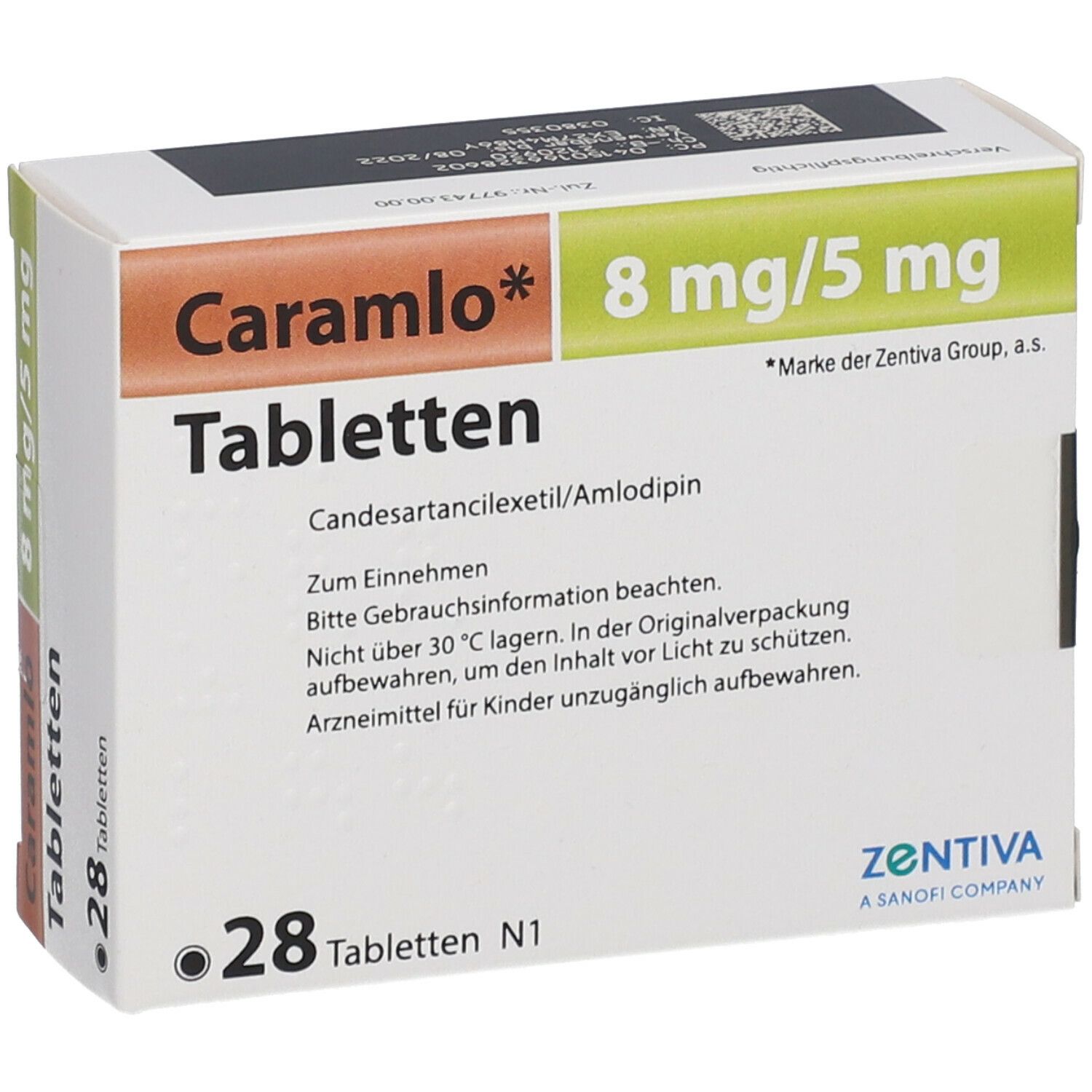 Schachtel mit Caramlo Tabletten. Aufschrift: 8 mg/5 mg, 28 Tabletten. Marke der Zentiva Group. Enthält Candesartancilexetil/Amlodipin.