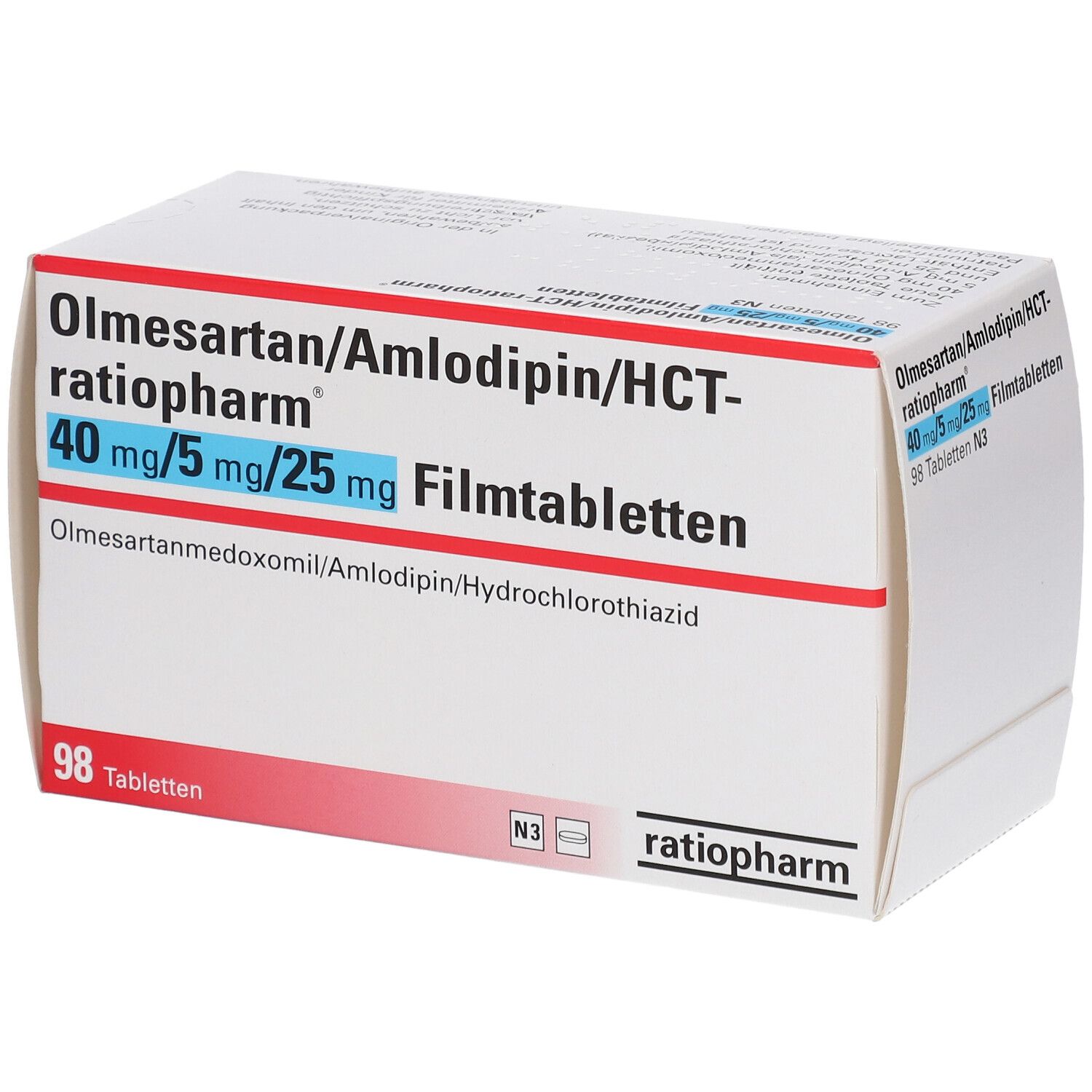 Arzneimittelpackung mit Olmesartan/Amlodipin/HCT-Ratio 40/5/25 mg Filmtabletten. Enthält 98 Tabletten. Marke: ratiopharm.
