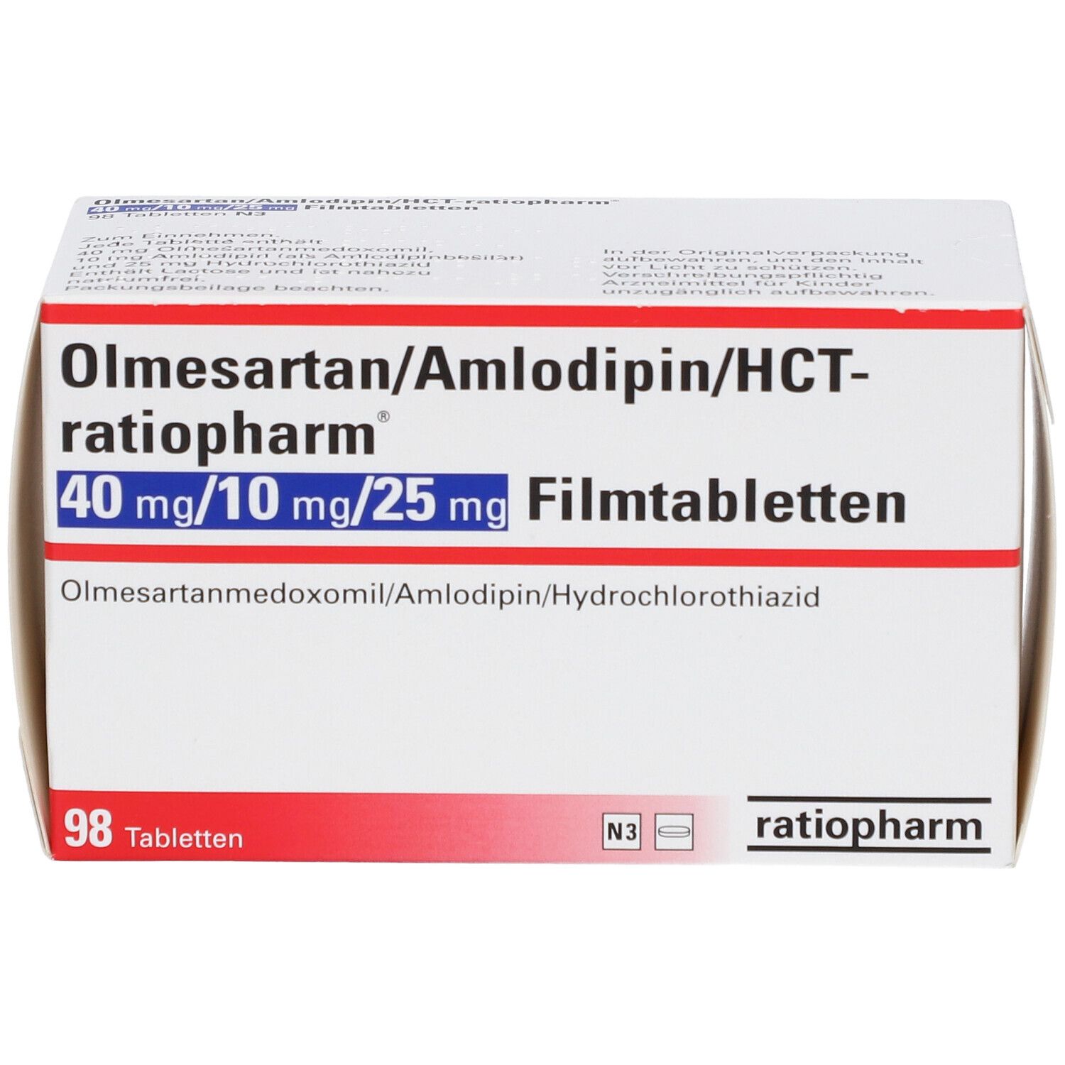Schachtel mit Olmesartan/Amlodipin/HCT-Ratio 40/10/25 mg Filmtabletten. Enthält 98 Tabletten. Marke: ratiopharm.