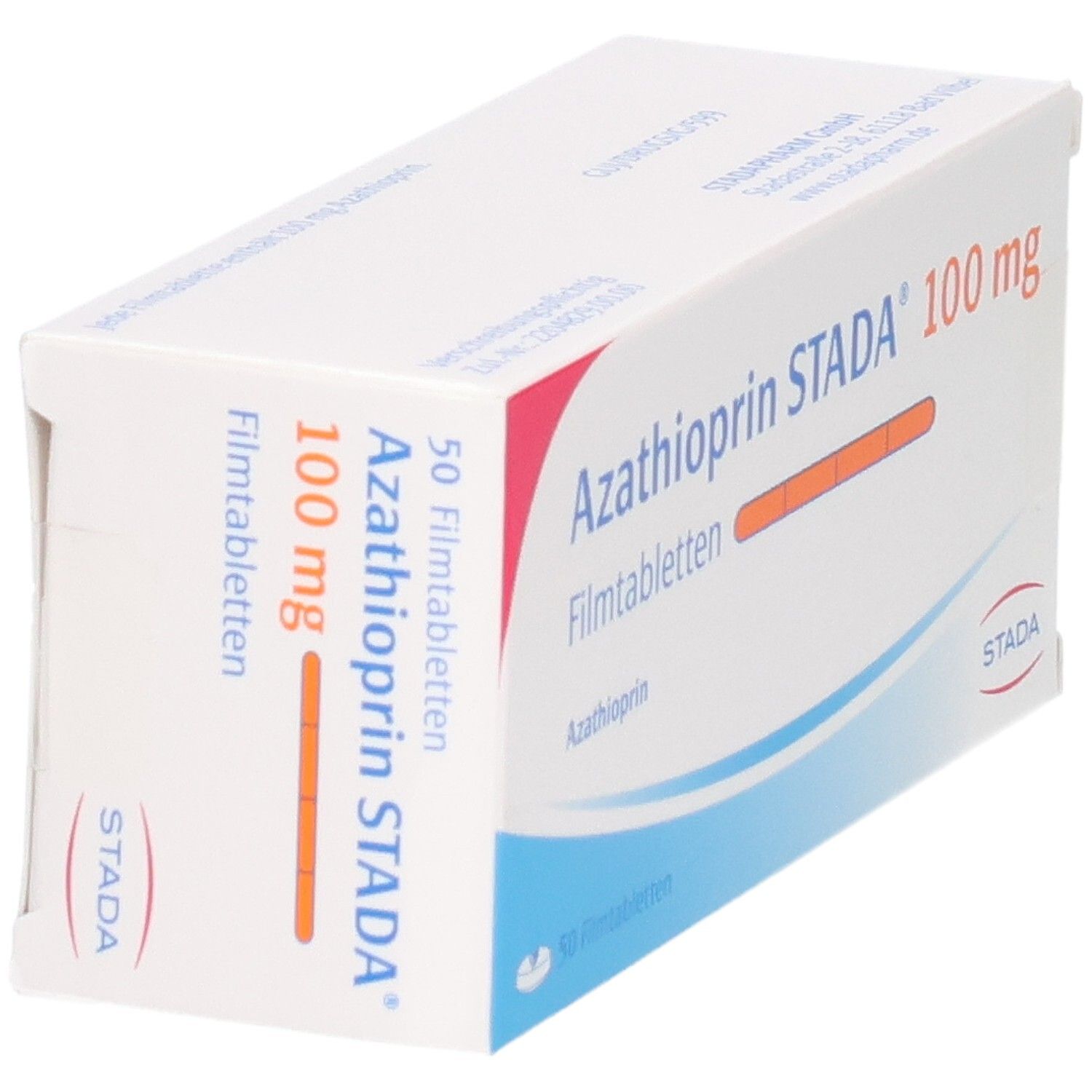 Packung Azathioprin STADA 100 mg Filmtabletten, 50 Stück, Seitenansicht.