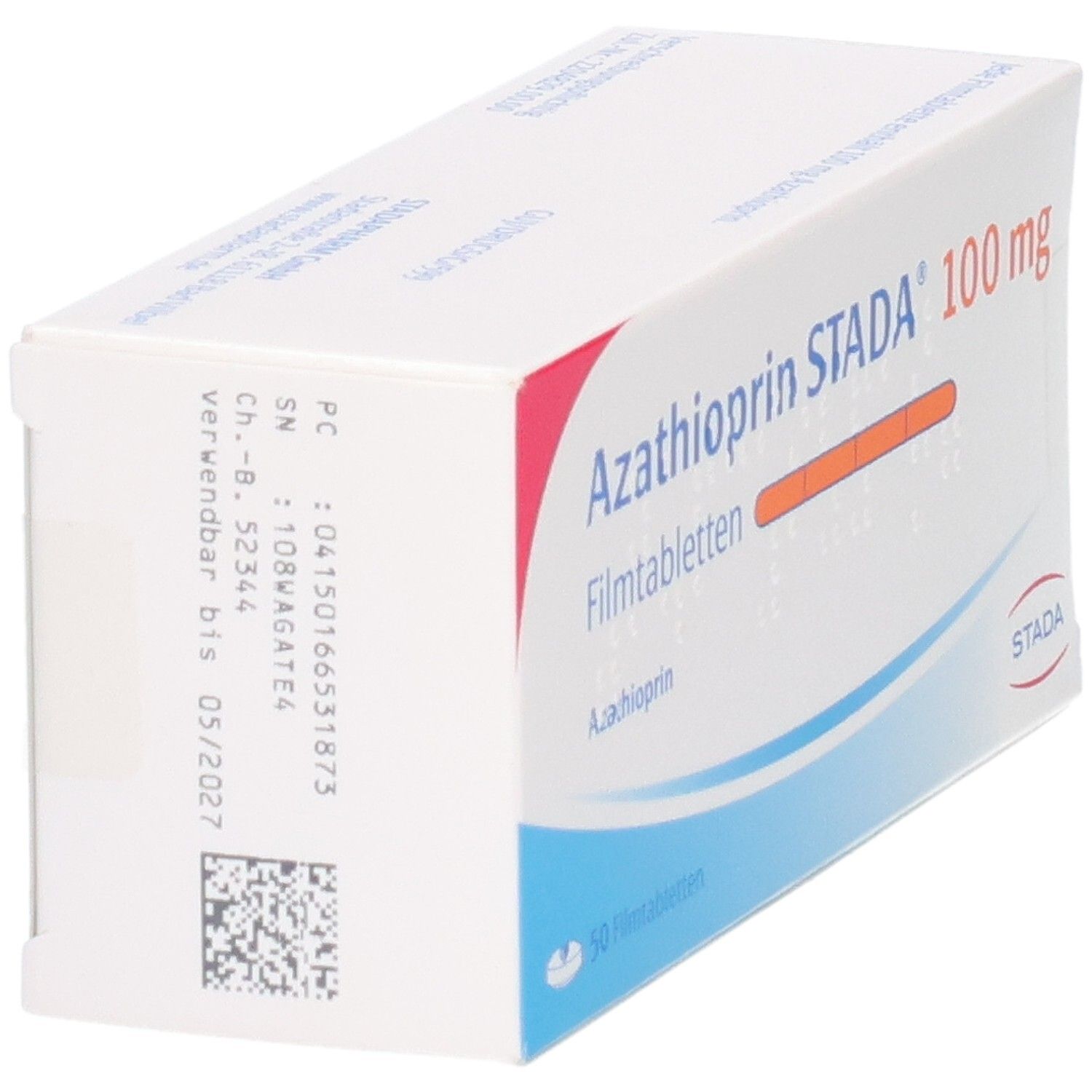 Packung Azathioprin STADA 100 mg Filmtabletten, 50 Stück, mit Chargennummer.