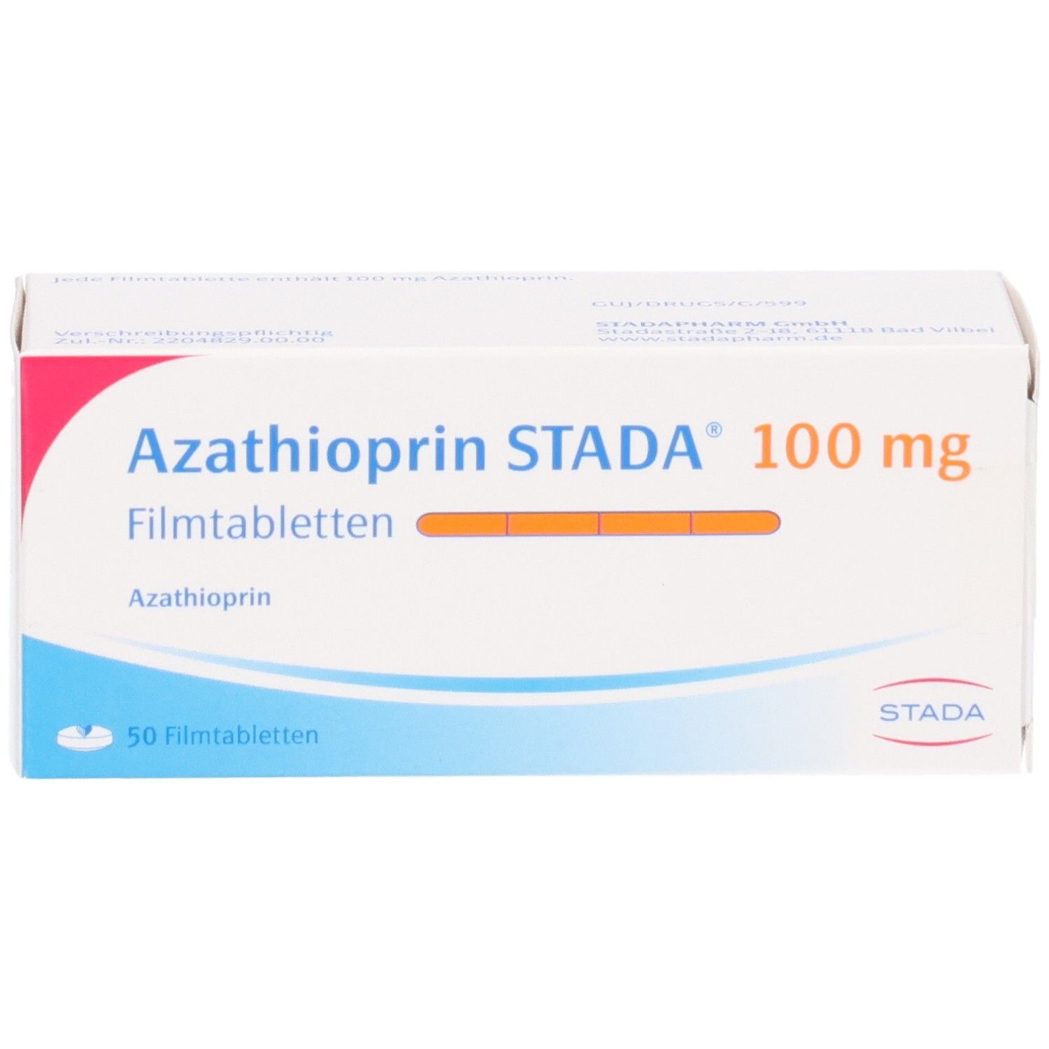 Packung Azathioprin STADA 100 mg Filmtabletten, 50 Stück.