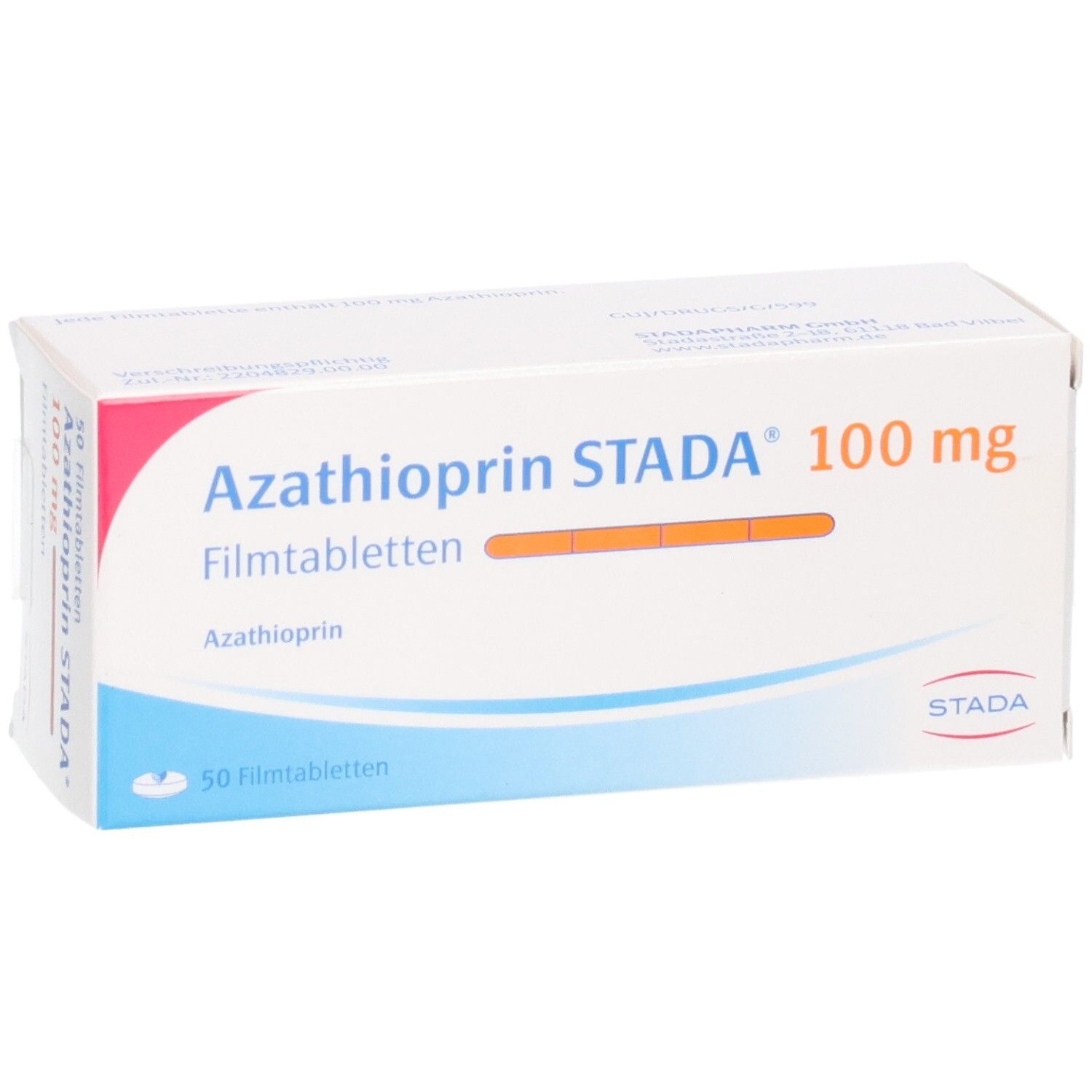 Packung Azathioprin STADA 100 mg Filmtabletten, 50 Stück.