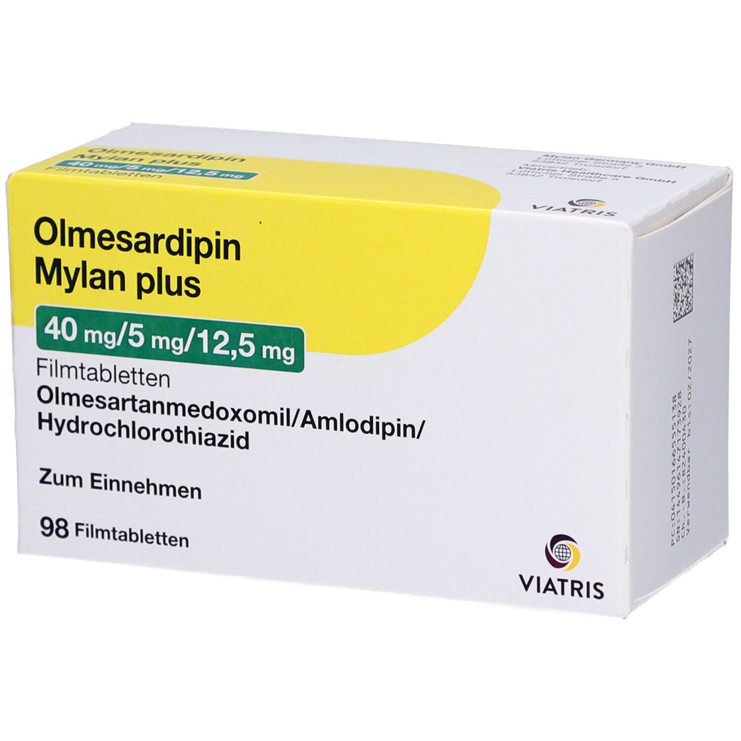 Olmesardipin Mylan plus-Packung. Enthält 98 Filmtabletten. Dosierung: 40 mg/5 mg/12,5 mg. Viatris-Logo.