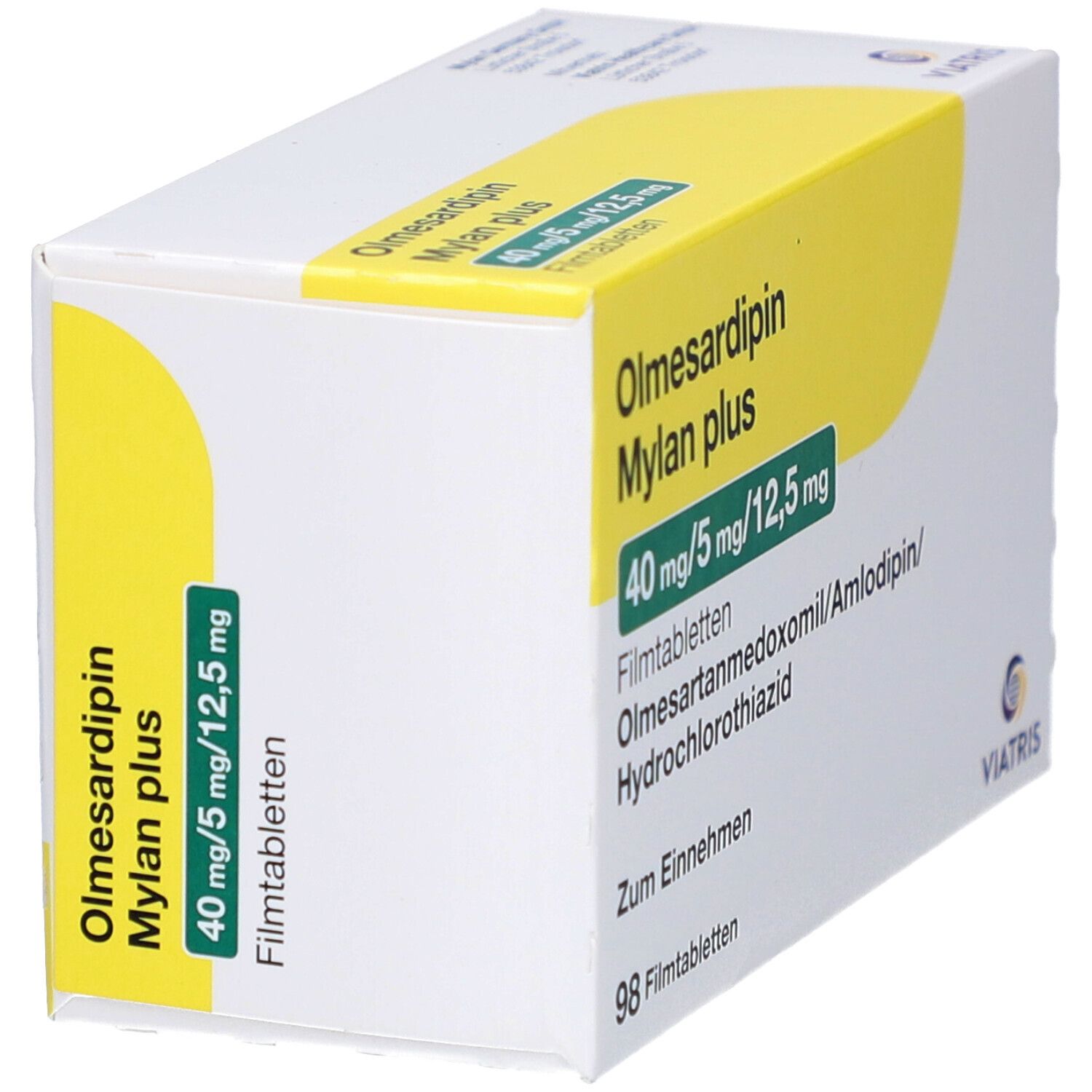 Olmesardipin Mylan plus-Packung, schräg. Enthält 98 Filmtabletten. Dosierung: 40 mg/5 mg/12,5 mg. Viatris-Logo.