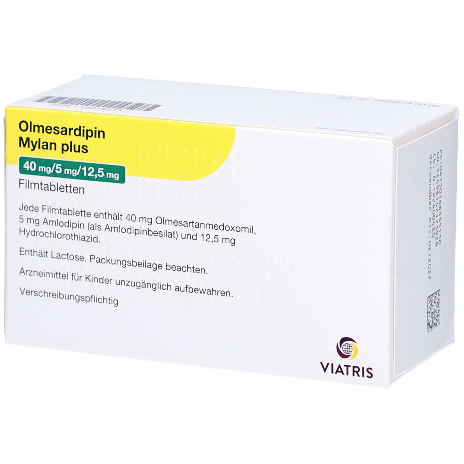 Olmesardipin Mylan plus-Packung. Textinformationen: Dosierung, Inhaltsstoffe, Hinweise. Viatris-Logo.