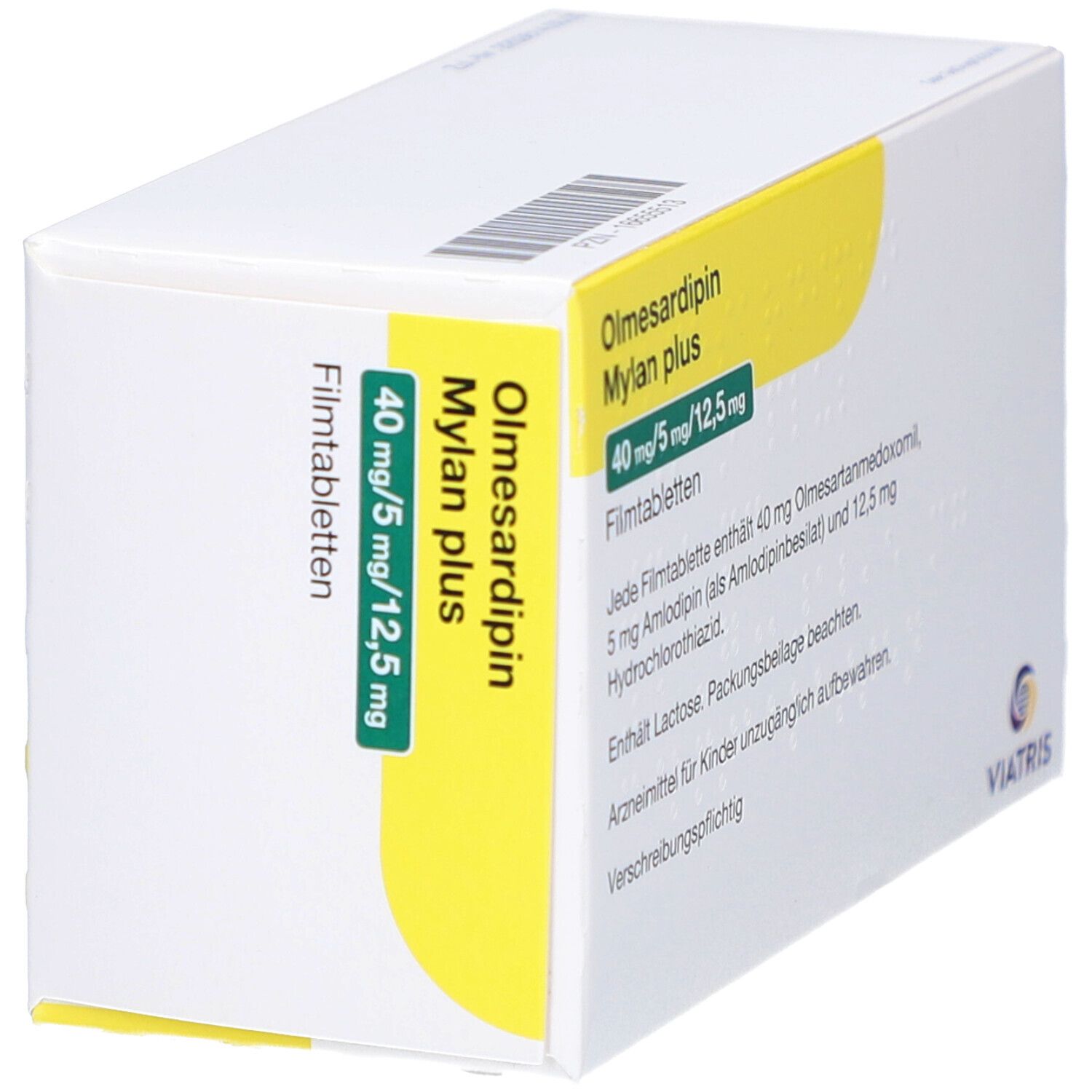 Olmesardipin Mylan plus-Packung, schräg. Textinformationen: Dosierung, Inhaltsstoffe, Hinweise. Viatris-Logo.