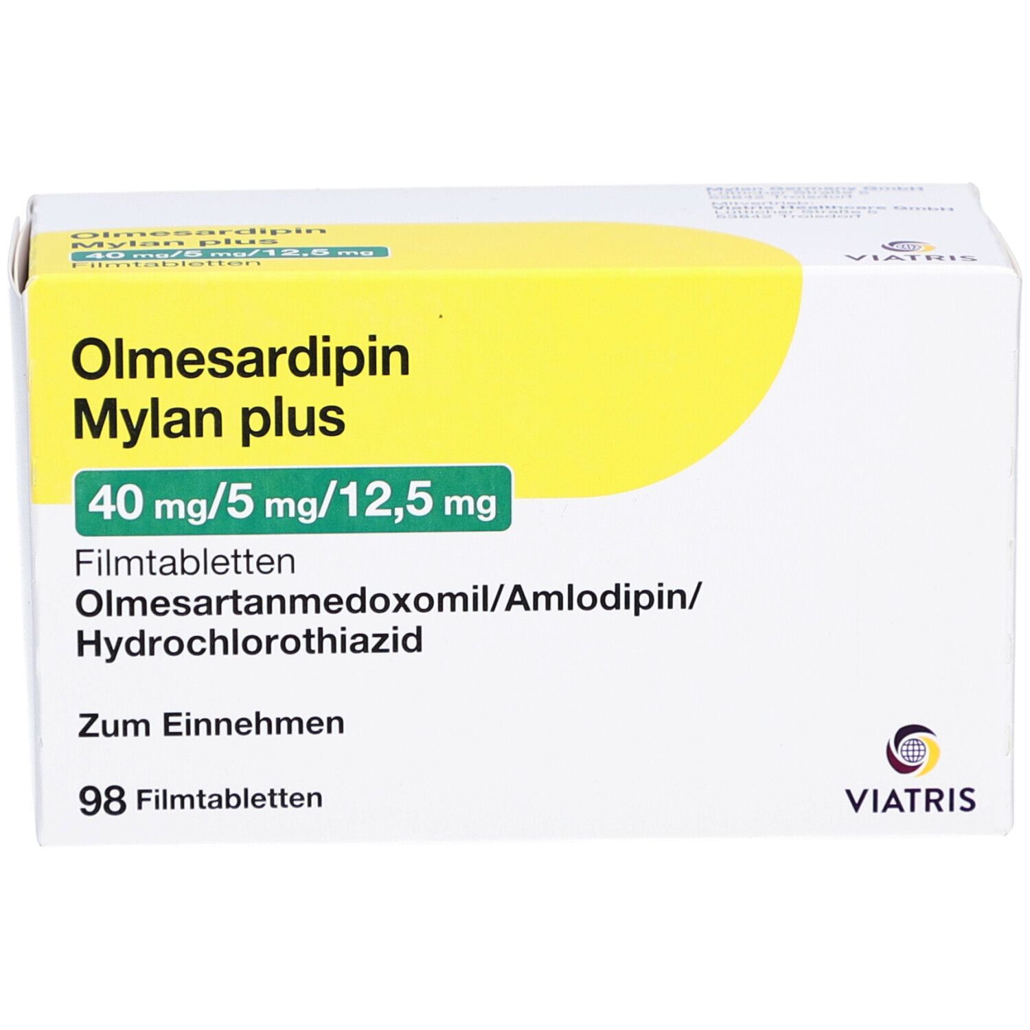 Olmesardipin Mylan plus-Packung. Enthält 98 Filmtabletten. Dosierung: 40 mg/5 mg/12,5 mg. Viatris-Logo.