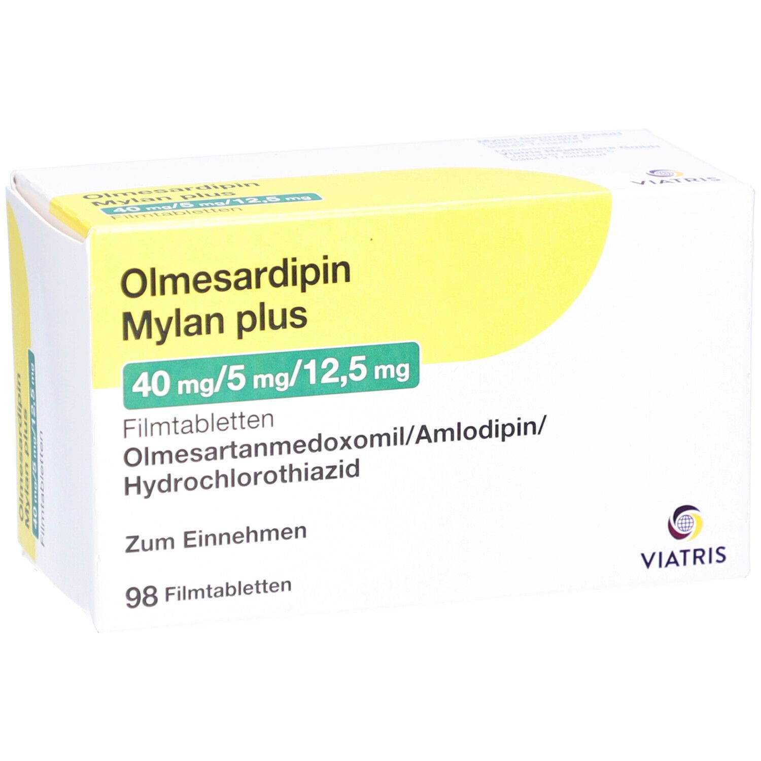 Olmesardipin Mylan plus-Packung. Enthält 98 Filmtabletten. Dosierung: 40 mg/5 mg/12,5 mg. Viatris-Logo.