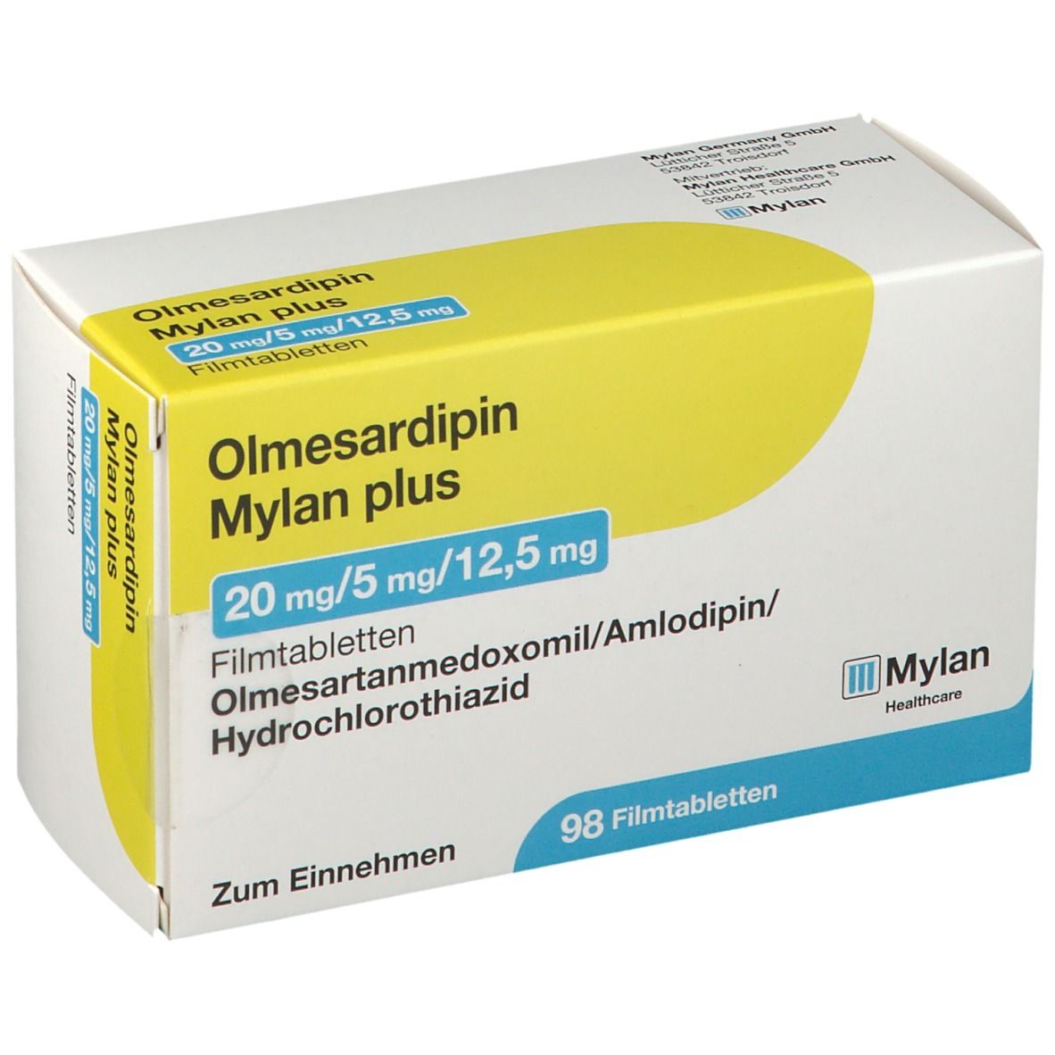 Olmesardipin Mylan plus 20 mg/5 mg/12,5 mg Tabletten-Packung. Weißer Karton mit gelbem Akzent. Mylan-Logo.