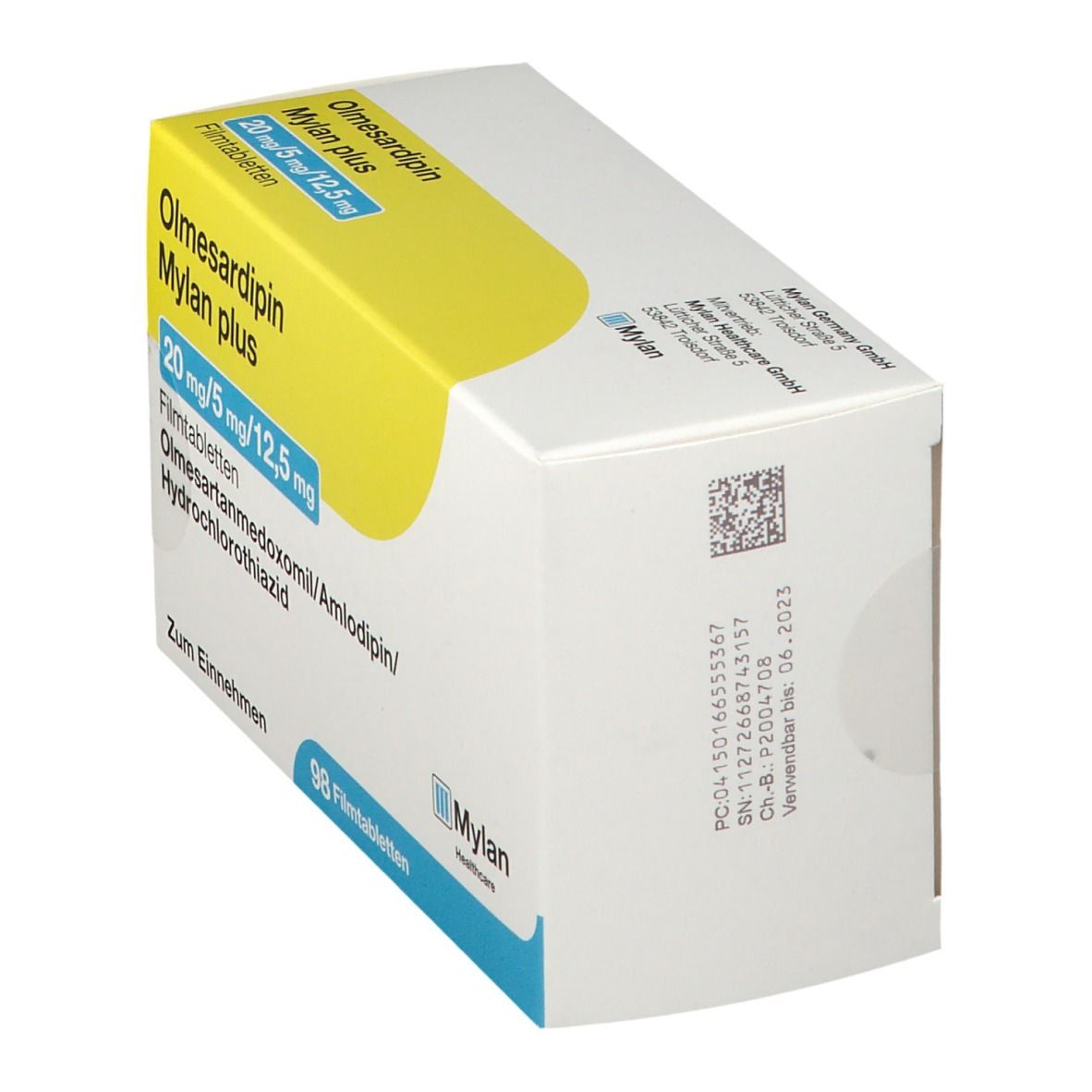 Olmesardipin Mylan plus-Packung, schräg. Weißer Karton mit gelbem Akzent. Mylan-Logo. Rückseite mit Barcode und Daten.