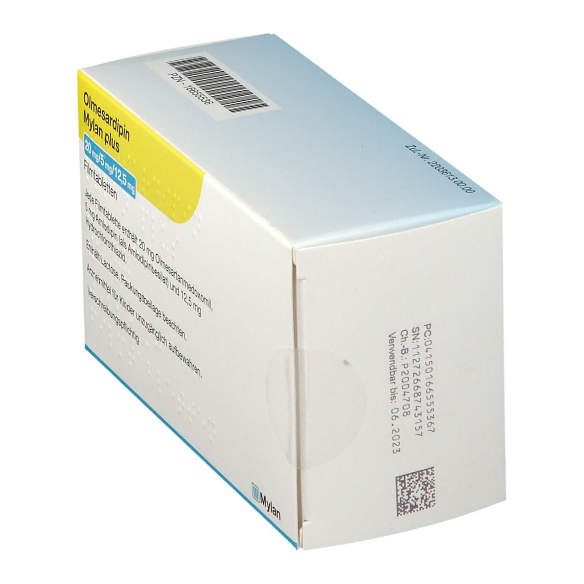 Olmesardipin Mylan plus-Packung, schräg. Weißer Karton mit gelbem Akzent. Mylan-Logo. Rückseite mit Barcode und Daten.