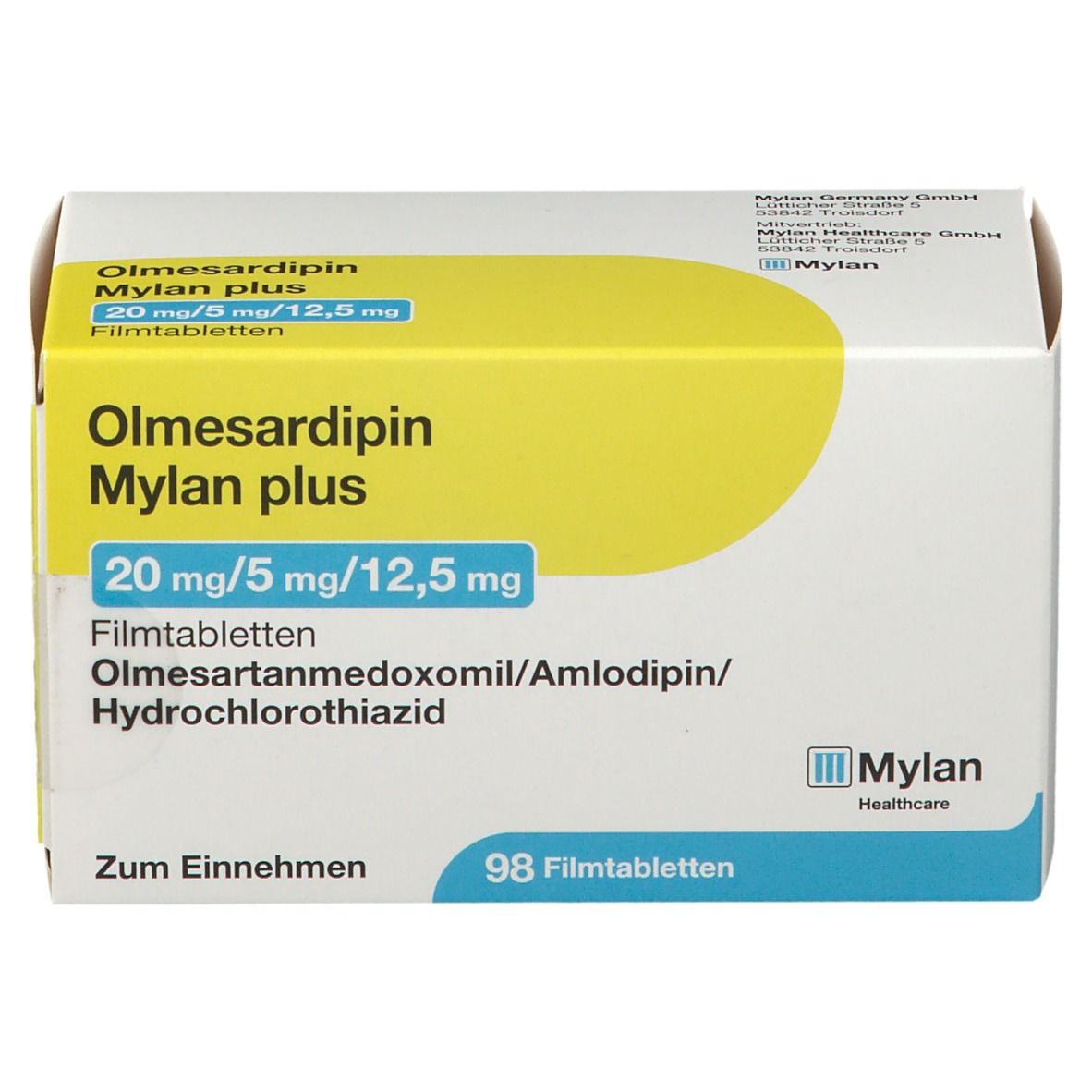 Olmesardipin Mylan plus-Packung. Weißer Karton mit gelbem Akzent. Mylan-Logo. Text: 20 mg/5 mg/12,5 mg, 98 Tabletten.