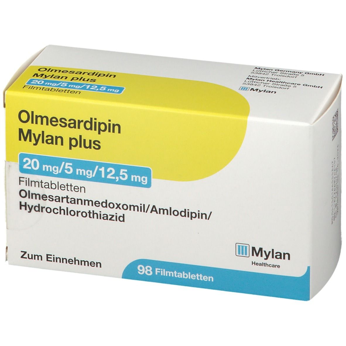 Olmesardipin Mylan plus-Packung. Weißer Karton mit gelbem Akzent. Mylan-Logo. Text: 20 mg/5 mg/12,5 mg, 98 Tabletten.