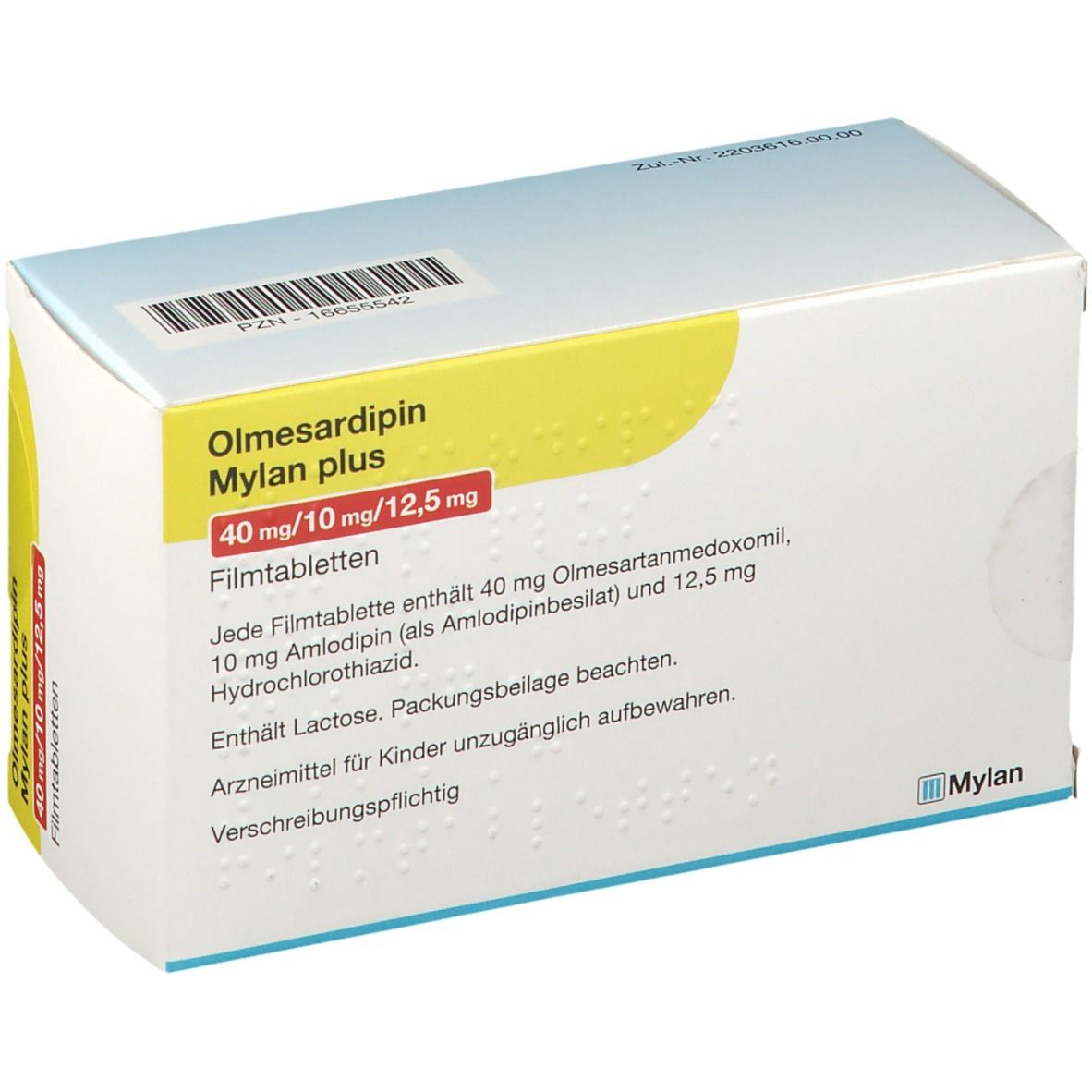 Olmesardipin Mylan plus Packung. Aufdruck: 40 mg/10 mg/12,5 mg. Enthält Filmtabletten. Mylan Logo. Text über Inhaltsstoffe und Hinweise.