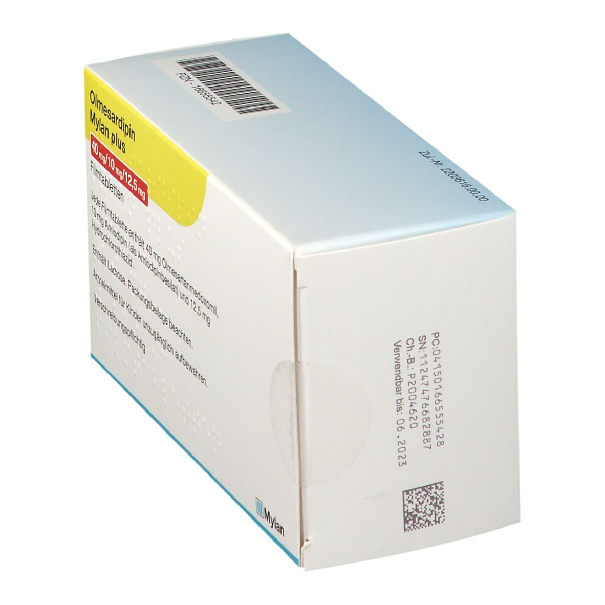 Olmesardipin Mylan plus Packung, Eckansicht. Aufdruck: 40 mg/10 mg/12,5 mg. Mylan Logo. Verfallsdatum und Chargennummer.