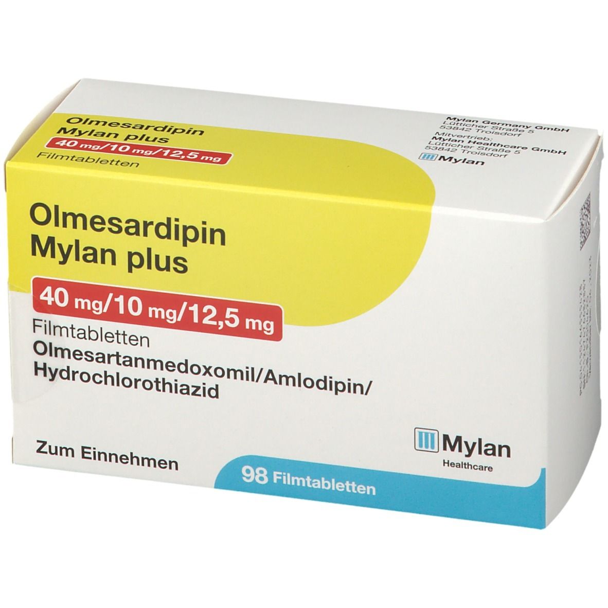 Olmesardipin Mylan plus Packung. Aufdruck: 40 mg/10 mg/12,5 mg. Enthält 98 Filmtabletten. Mylan Healthcare Logo.