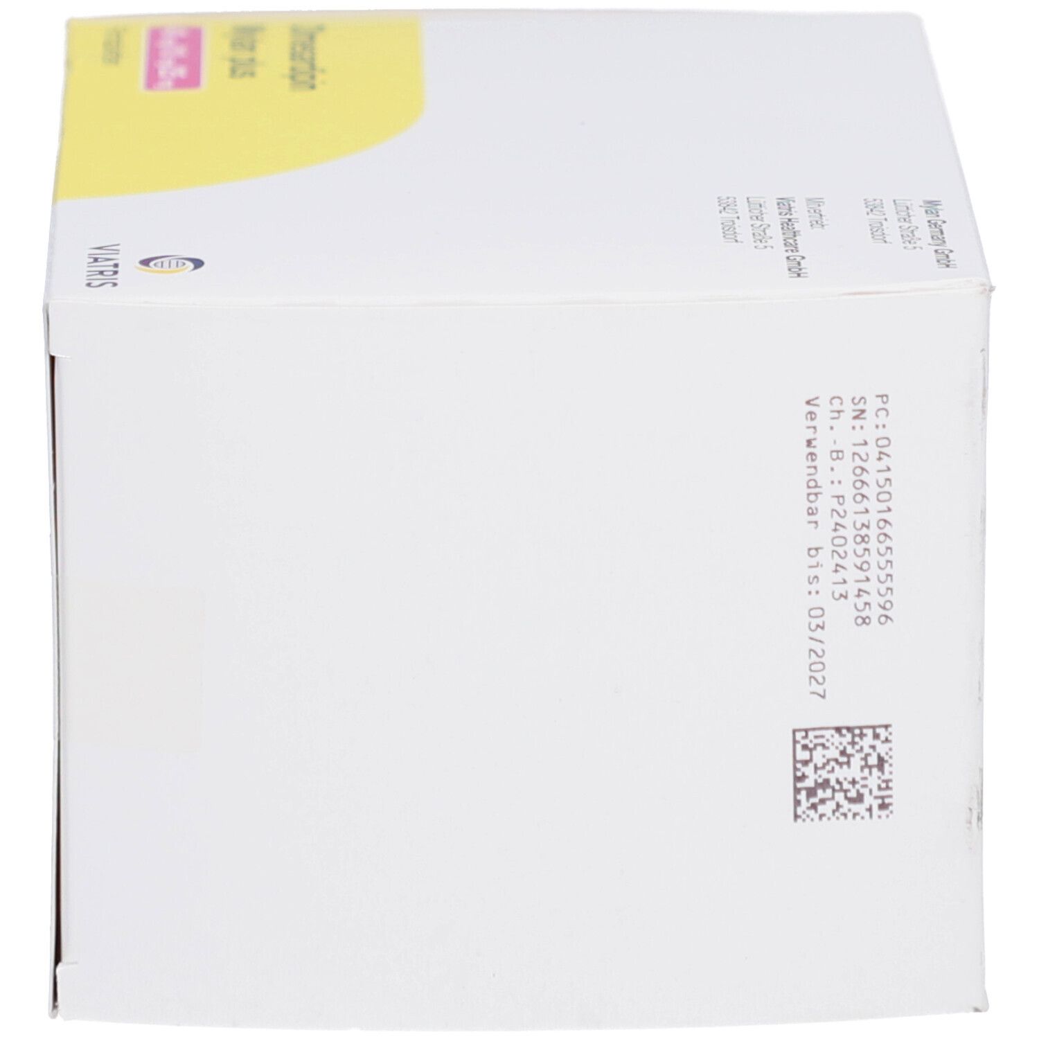 Olmesardipin Mylan plus-Verpackung. Weiße Schachtel mit gelbem Akzent. Text: Olmesardipin Mylan plus 40 mg/10 mg/25 mg. Viatris-Logo.