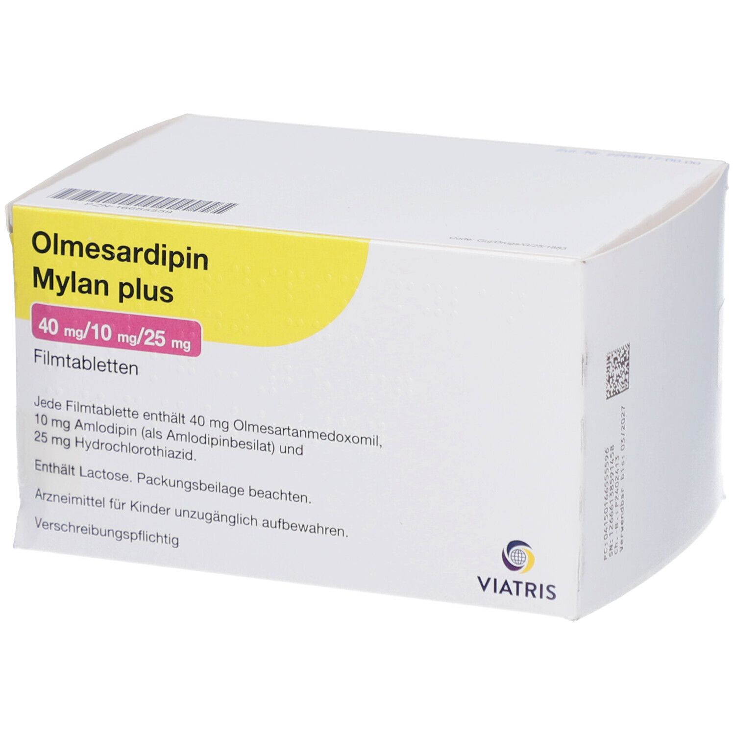 Olmesardipin Mylan plus-Verpackung. Weiße Schachtel mit gelbem Akzent. Text: 40 mg/10 mg/25 mg. Viatris-Logo. Enthält Informationen.
