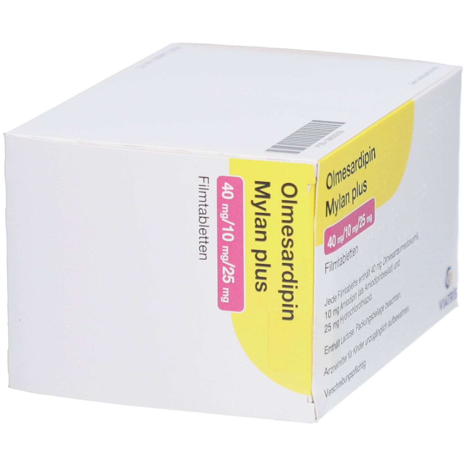 Olmesardipin Mylan plus-Verpackung. Weiße Schachtel mit gelbem Akzent. Text: 40 mg/10 mg/25 mg. Viatris-Logo. Filmtabletten.