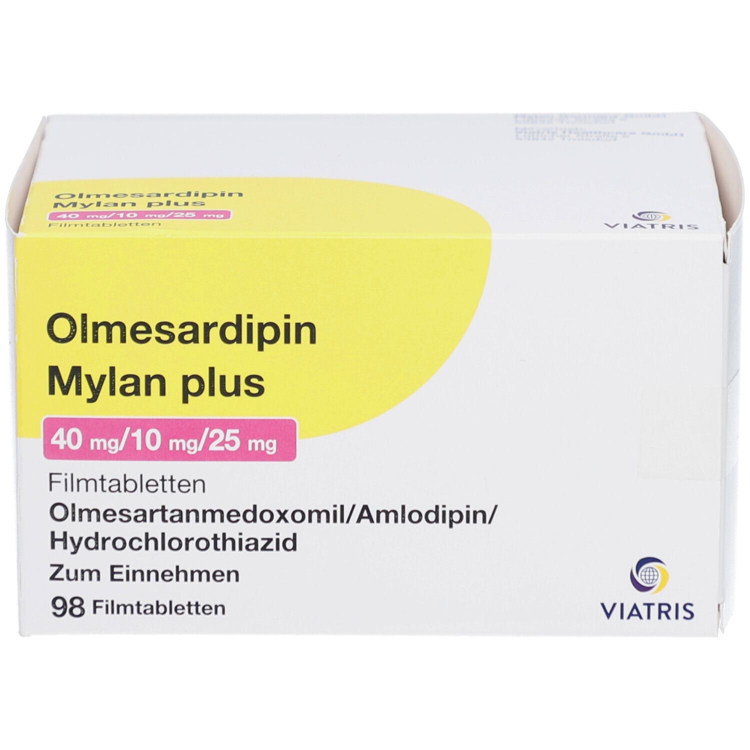 Olmesardipin Mylan plus-Verpackung. Weiße Schachtel mit gelbem Akzent. Text: 40 mg/10 mg/25 mg. 98 Filmtabletten. Viatris-Logo.