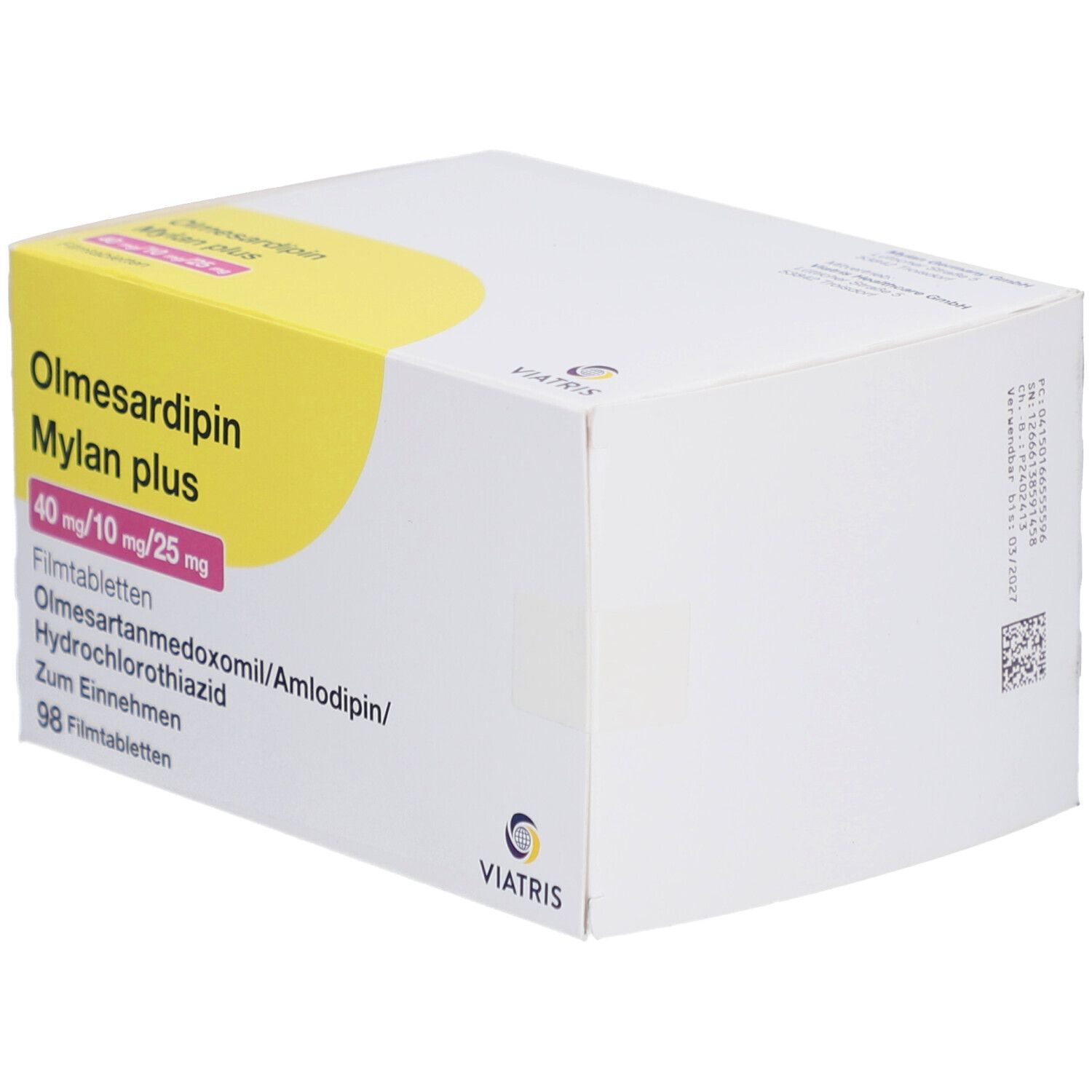 Olmesardipin Mylan plus-Verpackung. Weiße Schachtel mit gelbem Akzent. Text: 40 mg/10 mg/25 mg. 98 Filmtabletten. Viatris-Logo.