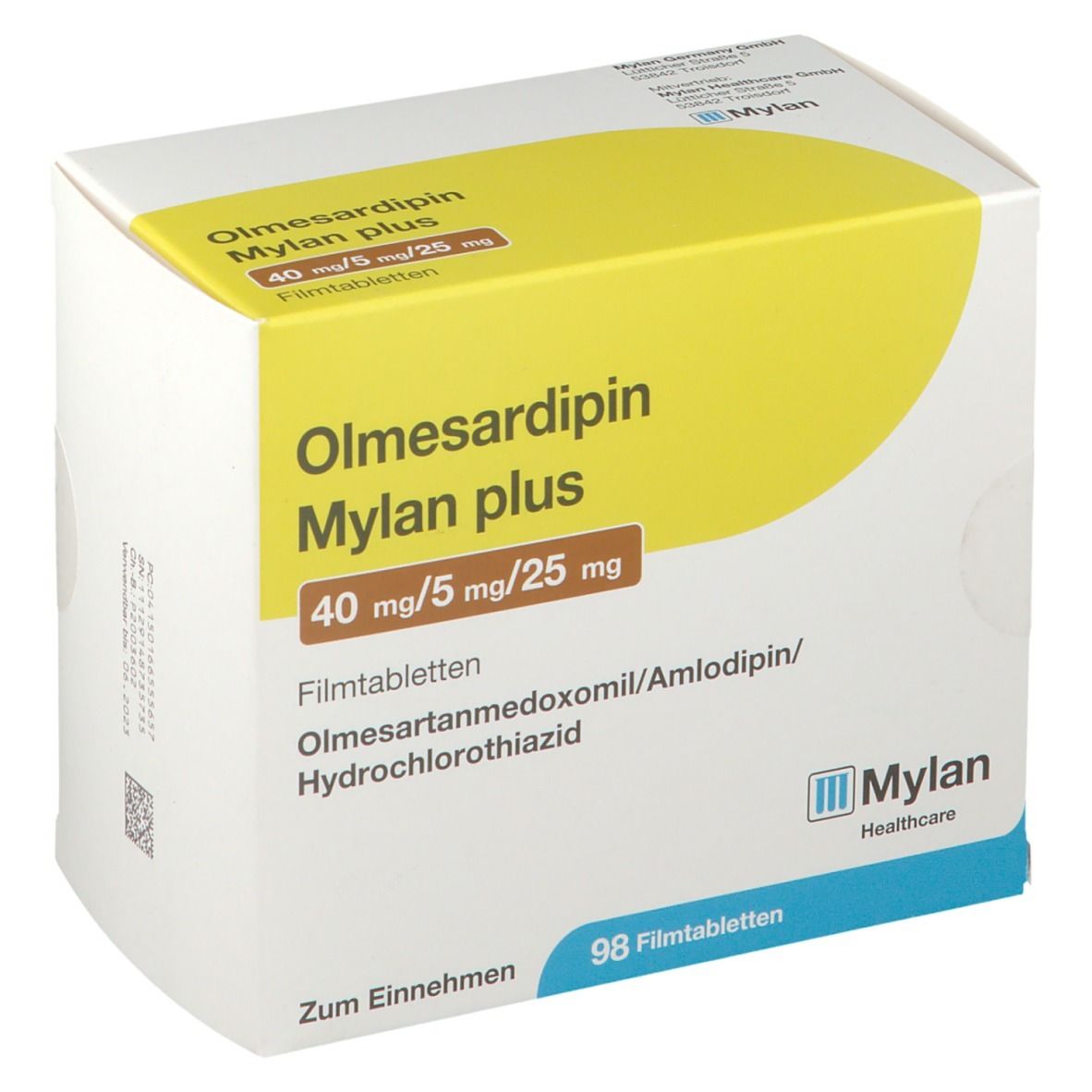 Schachtel Olmesardipin Mylan plus. Aufschrift: 40 mg/5 mg/25 mg. Enthält 98 Filmtabletten. Mylan Healthcare Logo.