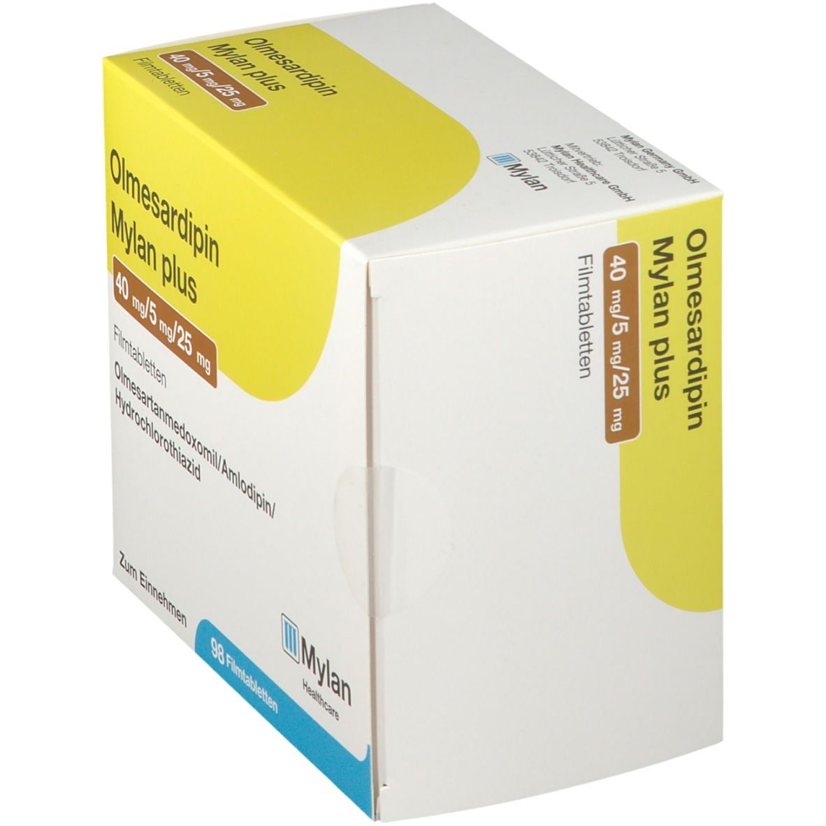 Schachtel Olmesardipin Mylan plus, schräg. Aufschrift: 40 mg/5 mg/25 mg. Mylan Healthcare Logo.