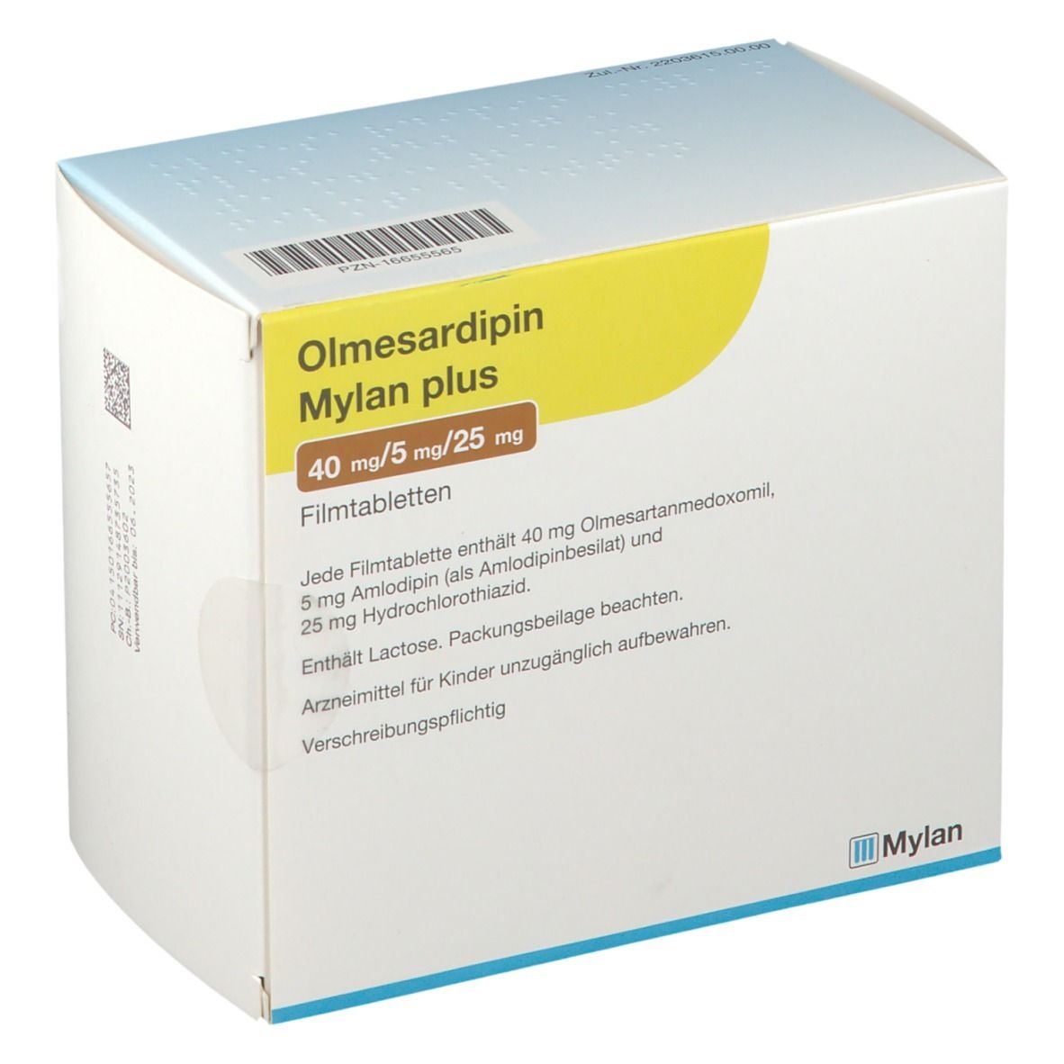 Schachtel Olmesardipin Mylan plus. Aufschrift: 40 mg/5 mg/25 mg. Text über Inhaltsstoffe. Mylan Healthcare Logo.