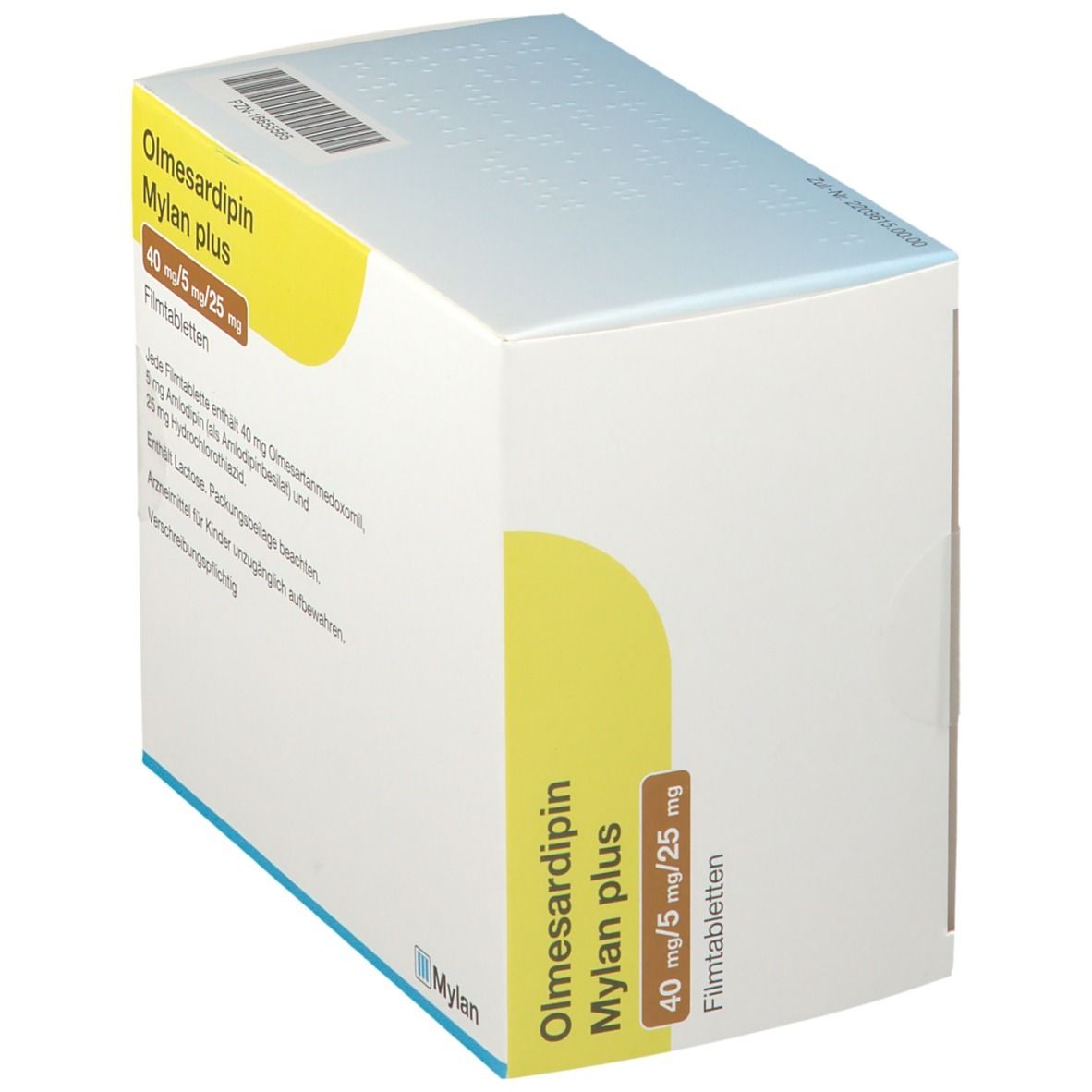 Schachtel Olmesardipin Mylan plus, schräg. Aufschrift: 40 mg/5 mg/25 mg. Mylan Healthcare Logo.