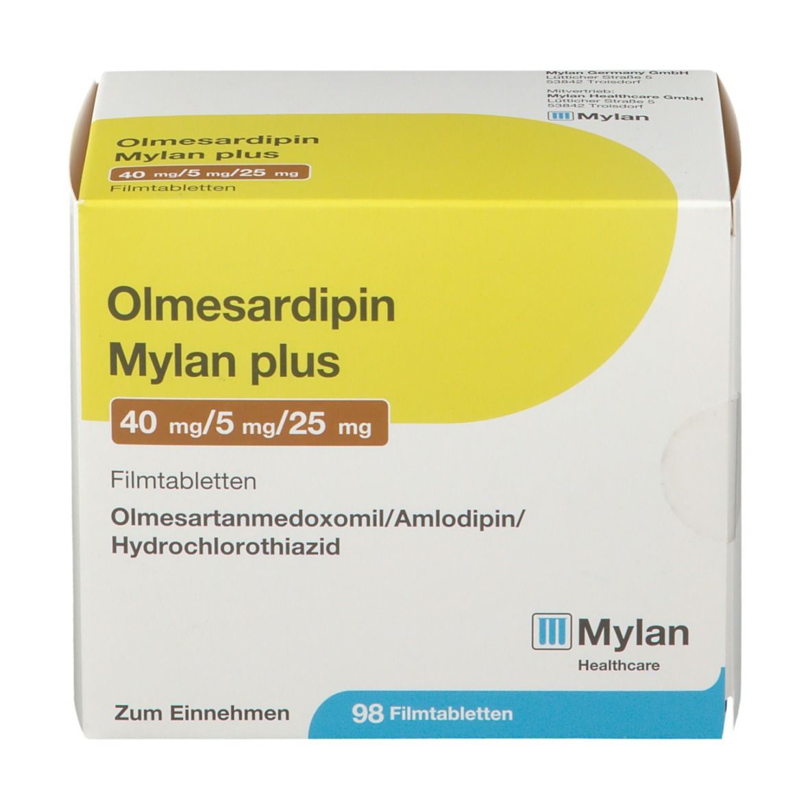 Schachtel Olmesardipin Mylan plus. Aufschrift: 40 mg/5 mg/25 mg. Enthält 98 Filmtabletten. Mylan Healthcare Logo.