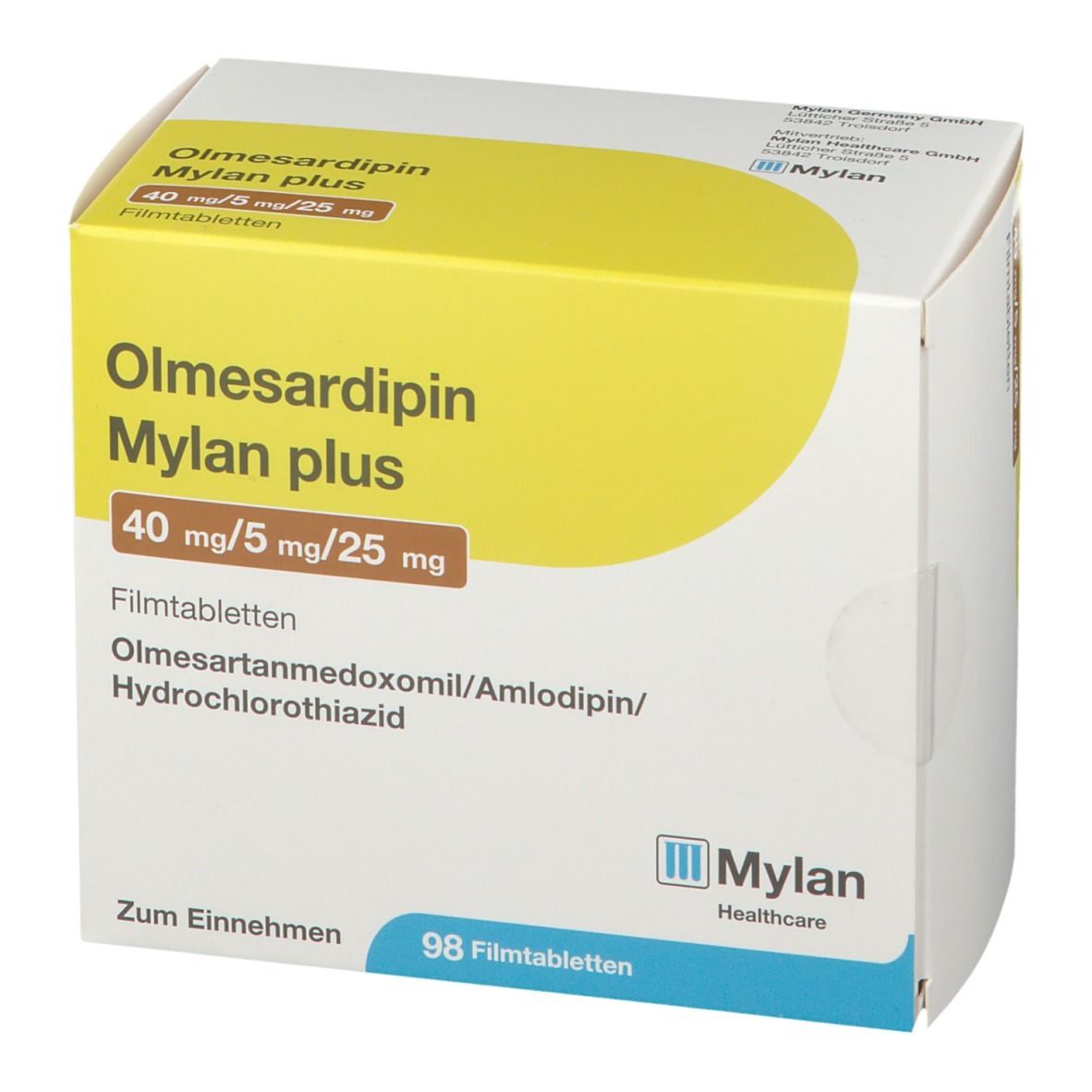 Schachtel Olmesardipin Mylan plus. Aufschrift: 40 mg/5 mg/25 mg. Enthält 98 Filmtabletten. Mylan Healthcare Logo.