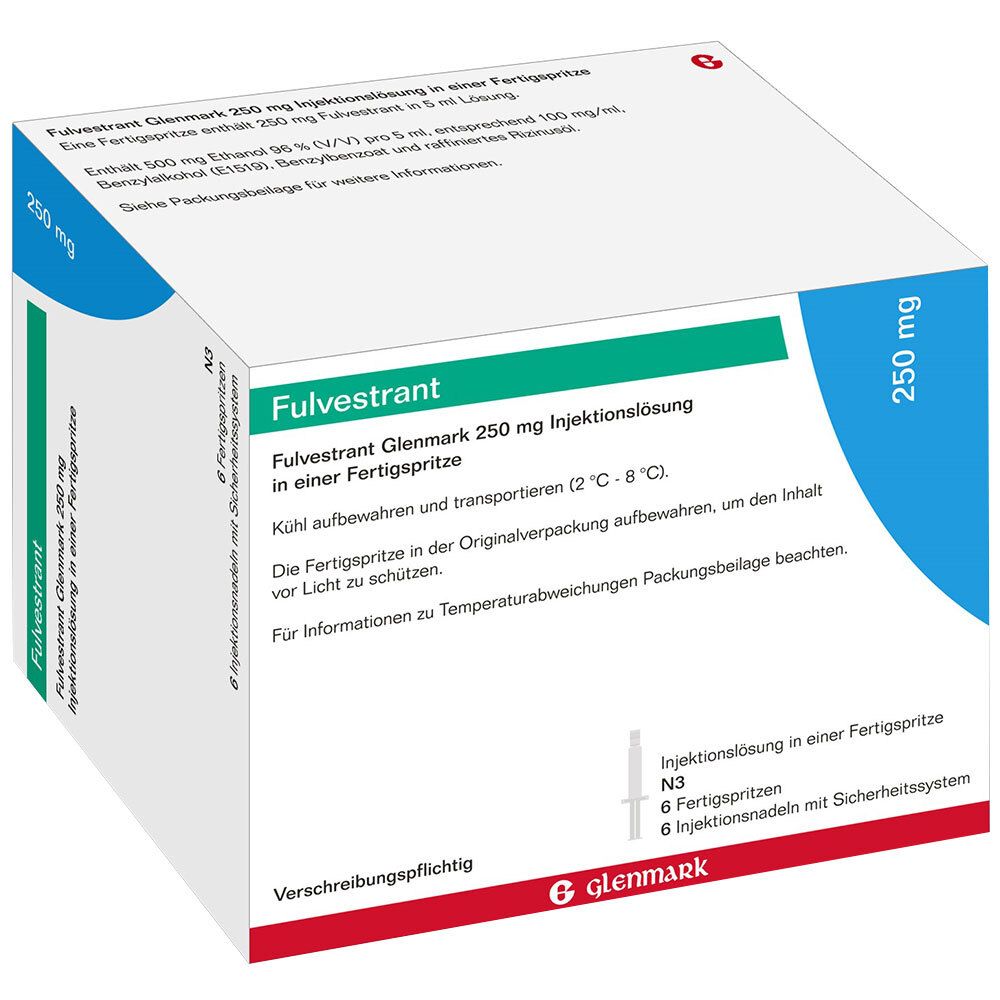 Verpackung von Fulvestrant Glenmark 250 mg Injektionslösung. Enthält 6 Fertigspritzen. Aufschrift: 250 mg, Glenmark.