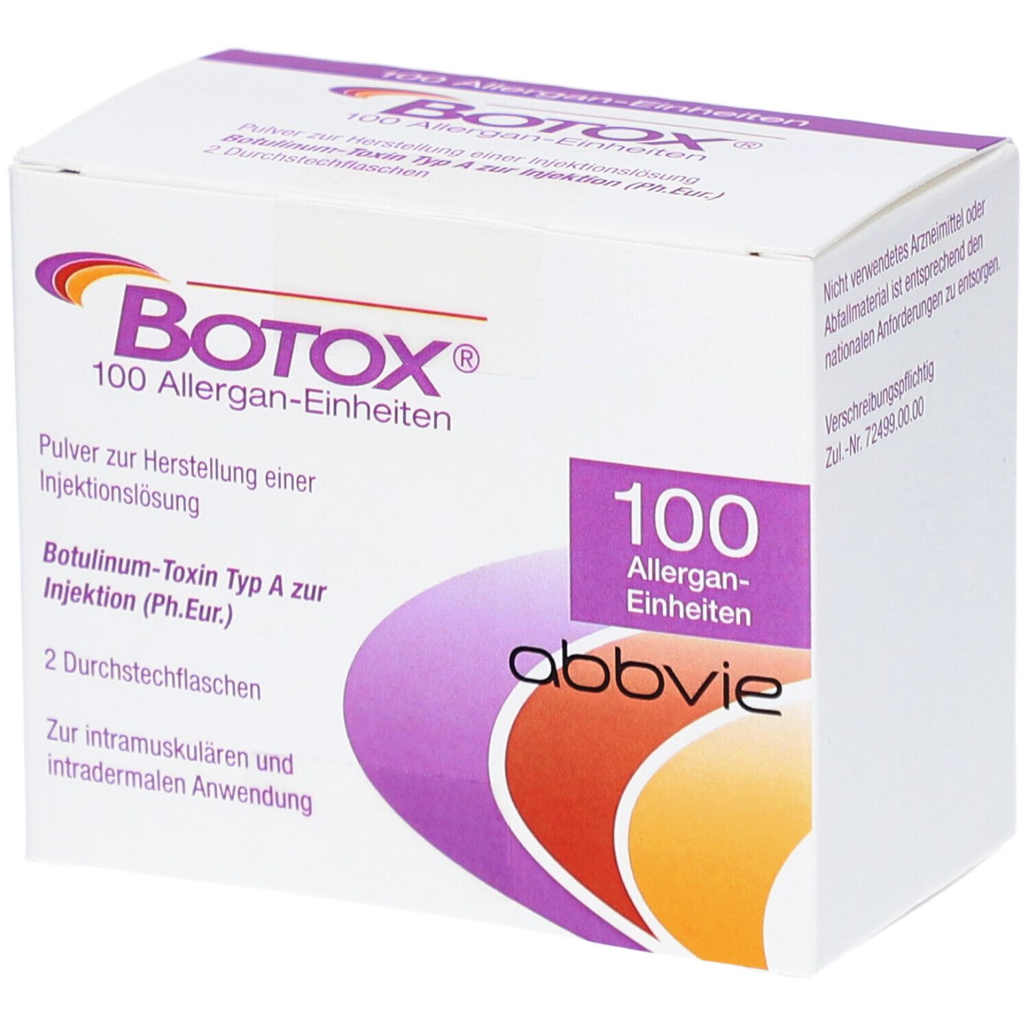 Weiße Verpackung mit lila Akzenten. Aufschrift BOTOX, 100 Allergan-Einheiten. Abbvie-Logo. Enthält 2 Durchstechflaschen.