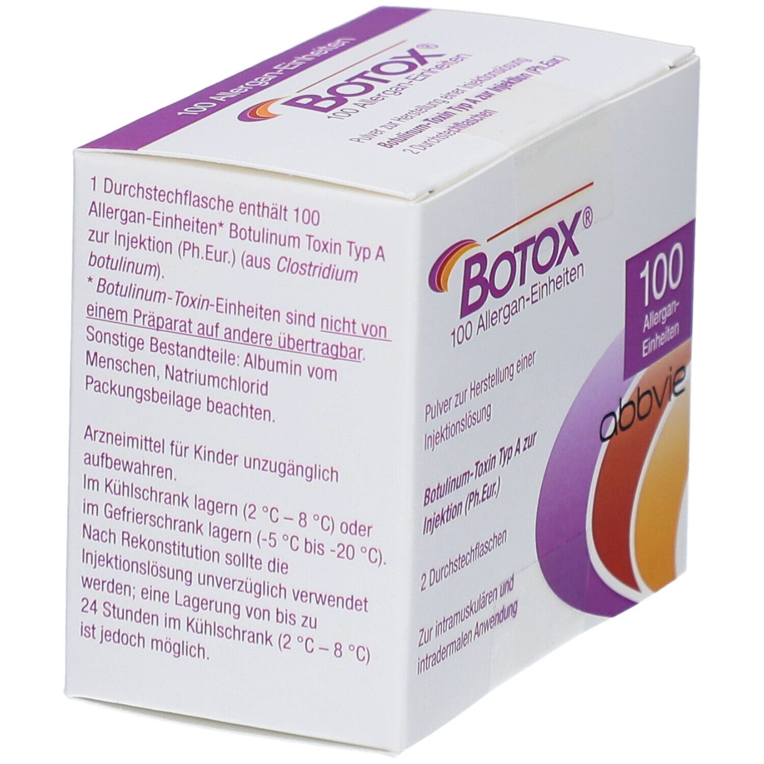 Verpackung mit Text. Enthält 1 Durchstechflasche mit 100 Allergan-Einheiten. Informationen zu Botulinum-Toxin Typ A. Hersteller- und Lagerhinweise.