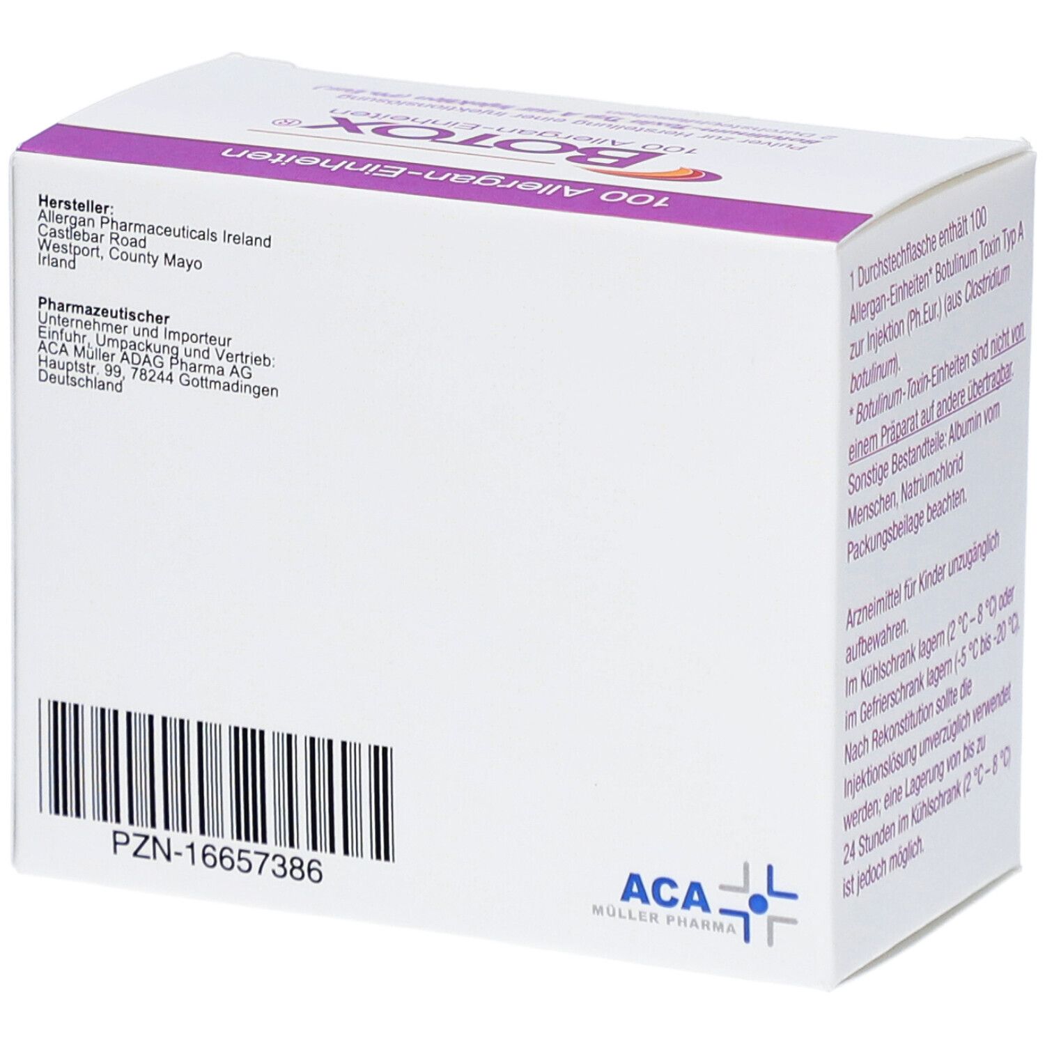 Rückseite der Verpackung. Barcode und PZN-Nummer. Herstelleradresse und Logo von ACA Müller Pharma.