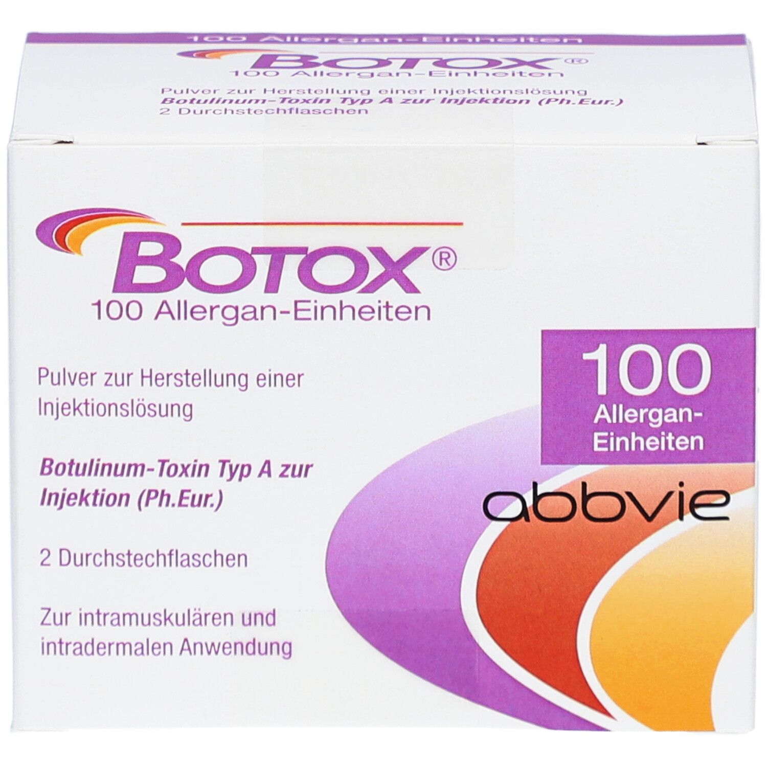 Weiße Verpackung mit lila Akzenten. Aufschrift BOTOX, 100 Allergan-Einheiten. Abbvie-Logo. Enthält 2 Durchstechflaschen.