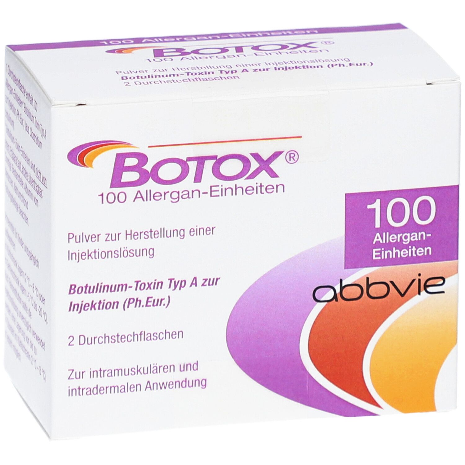 Weiße Verpackung mit lila Akzenten. Aufschrift BOTOX, 100 Allergan-Einheiten. Abbvie-Logo. Enthält 2 Durchstechflaschen.
