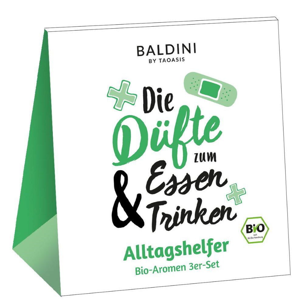 BALDINI Alltagshelfer 3er Set. Weißes, gefaltetes Karton-Display mit Text und Logo. Bio-Aromen.