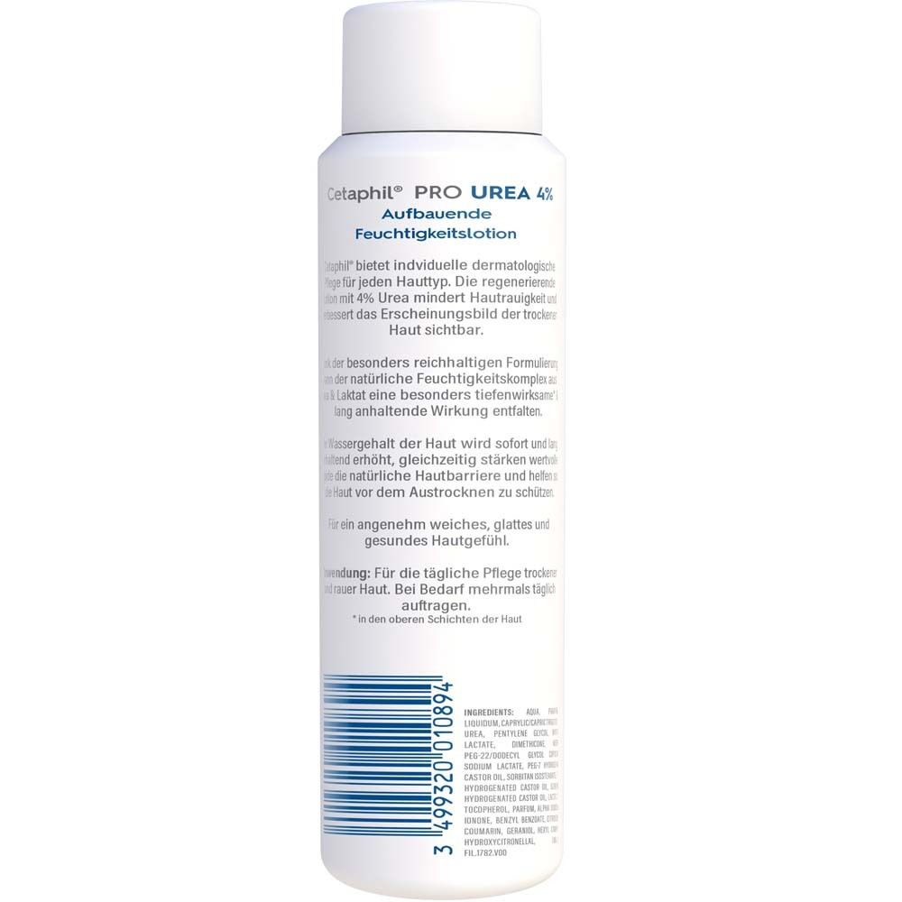 Rückseite der Cetaphil Pro Urea 4% Lotion. Text: Inhaltsstoffe, Anwendungshinweise.